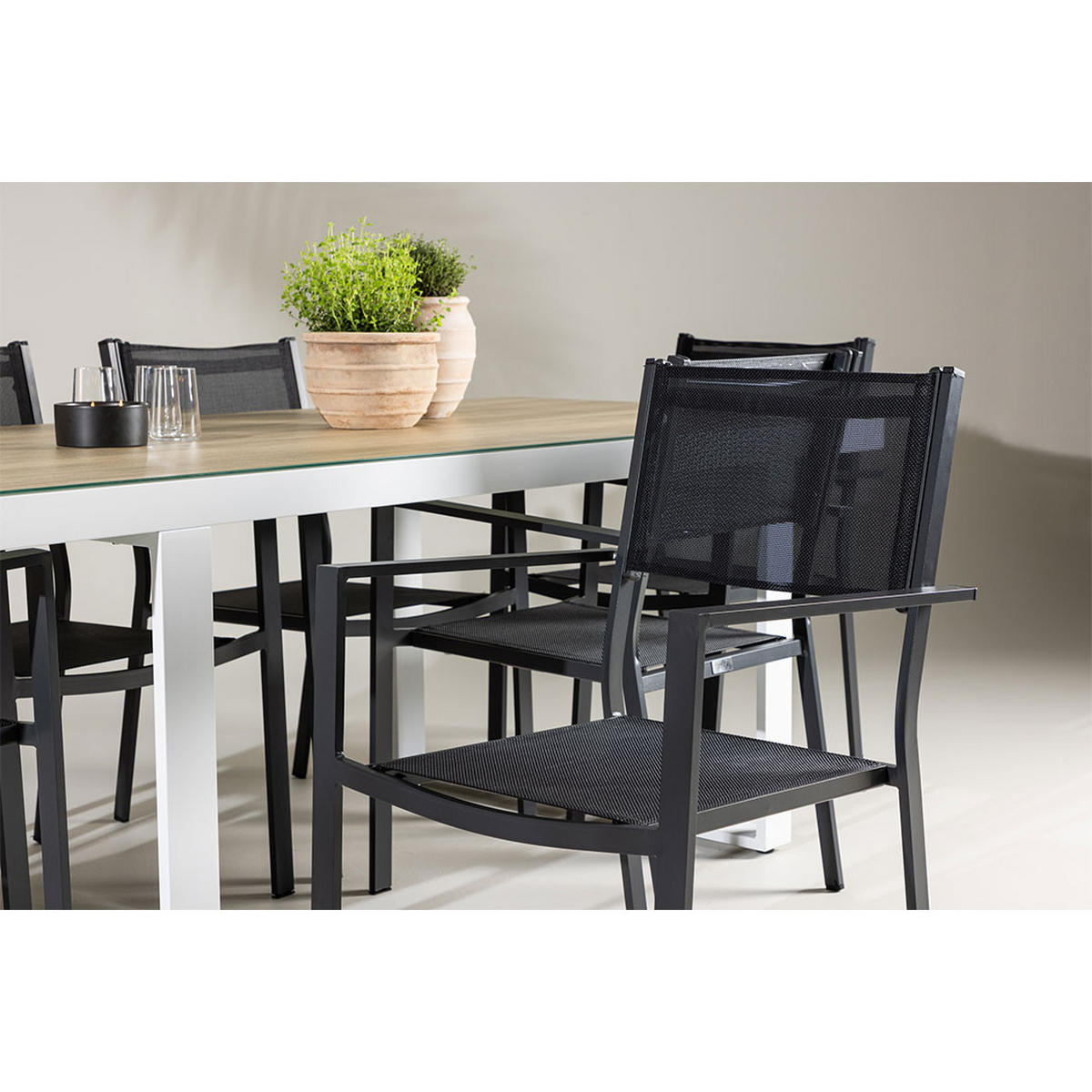 GARTENSET, Merlo, Tisch Weiß, Stühle Schwarz, Metall / Stoff, 90 x 200 x 75 cm, 7-teilig - Weiß, Metall - ebuy24