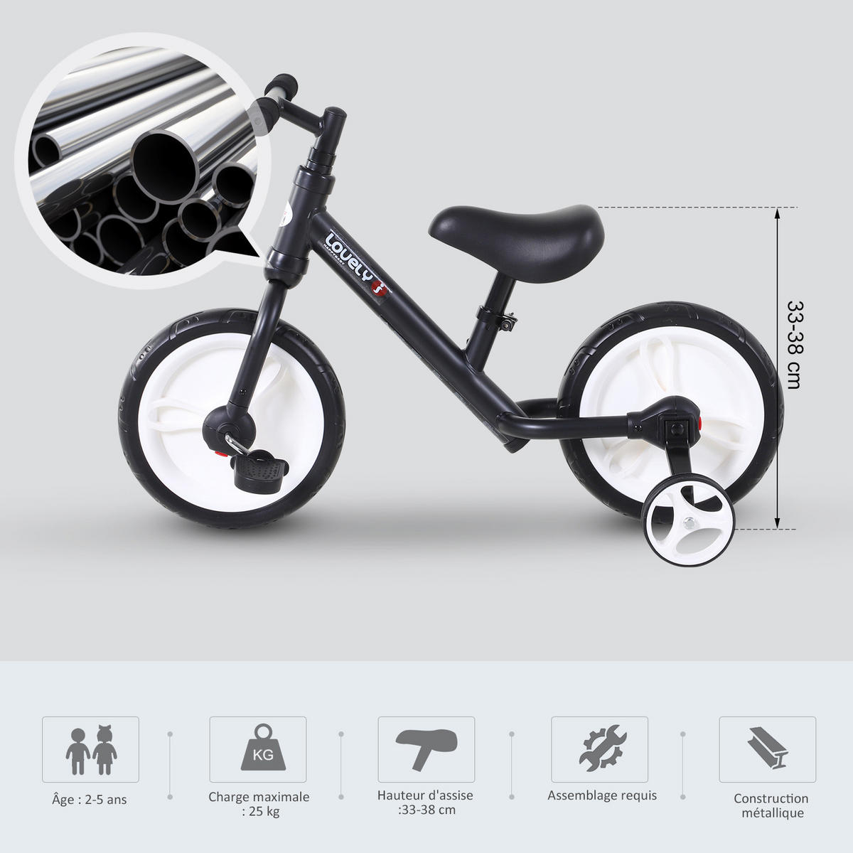 LAUFRAD DE-18541 2-in-1 mit Pedalen & Stützrädern Schwarz - Schwarz, Metall (85/36/54cm) - ComfortXL