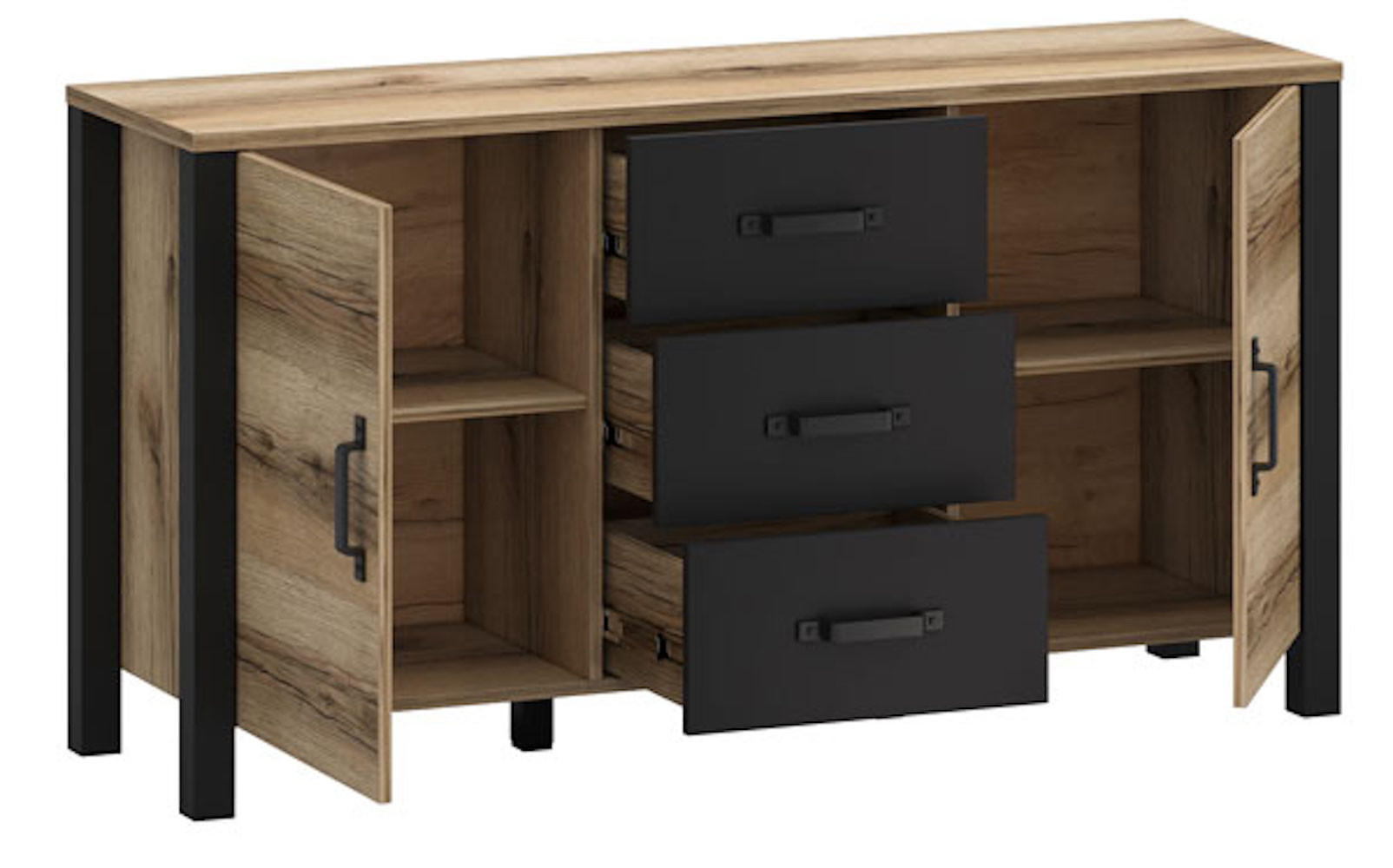 KOMMODE Derby Eiche Delano hell / schwarz 147 / 43 / 79 cm - Eichefarben/Braun, Holz/Holzwerkstoff (147/79/43cm) - Feldmann-Wohnen