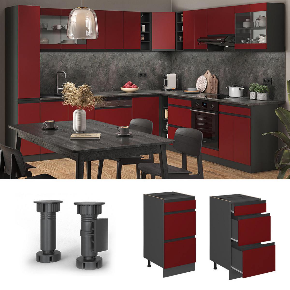 KÜCHENUNTERSCHRANK R-Line Rot 40 cm J-Shape, mit Schubladen, ohne AP - Anthrazit/Rot, Holzwerkstoff (40/81.6/46cm) - Vicco
