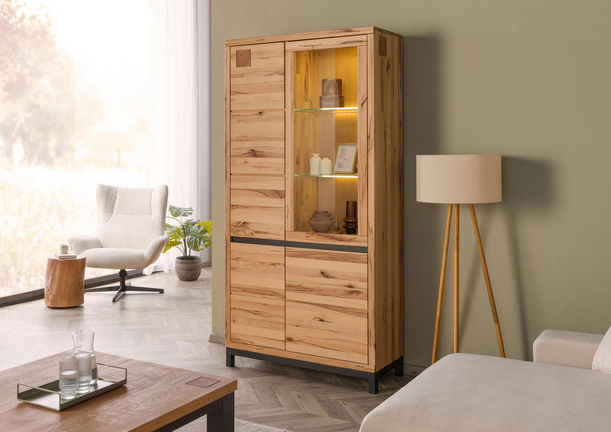 VITRINE Kernbuche 103x40x205 natur geölt VILLANDERS #101 - Braun, Holz (103/205/40cm) - Massivmoebel24