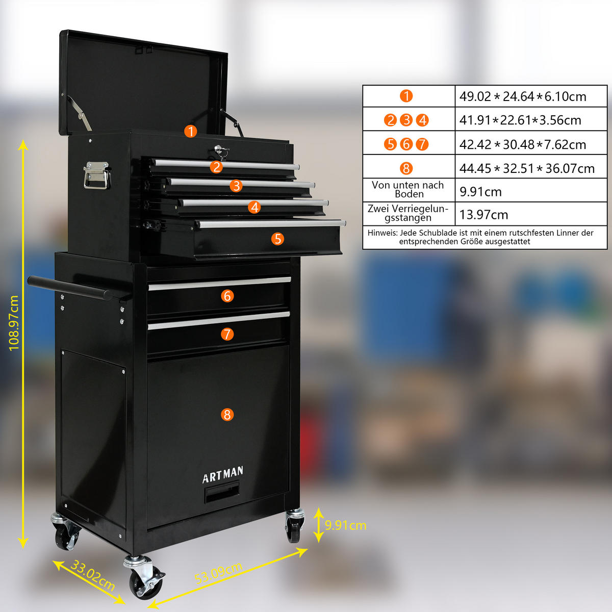 WERKZEUGWAGEN mit Rollen – 6 Schubladen, große Kapazität, Metall Tool-Truhe, Werkstattwagen für Garage, Schwarz - Schwarz, Metall (33/109/52.5cm) - Ej. Life
