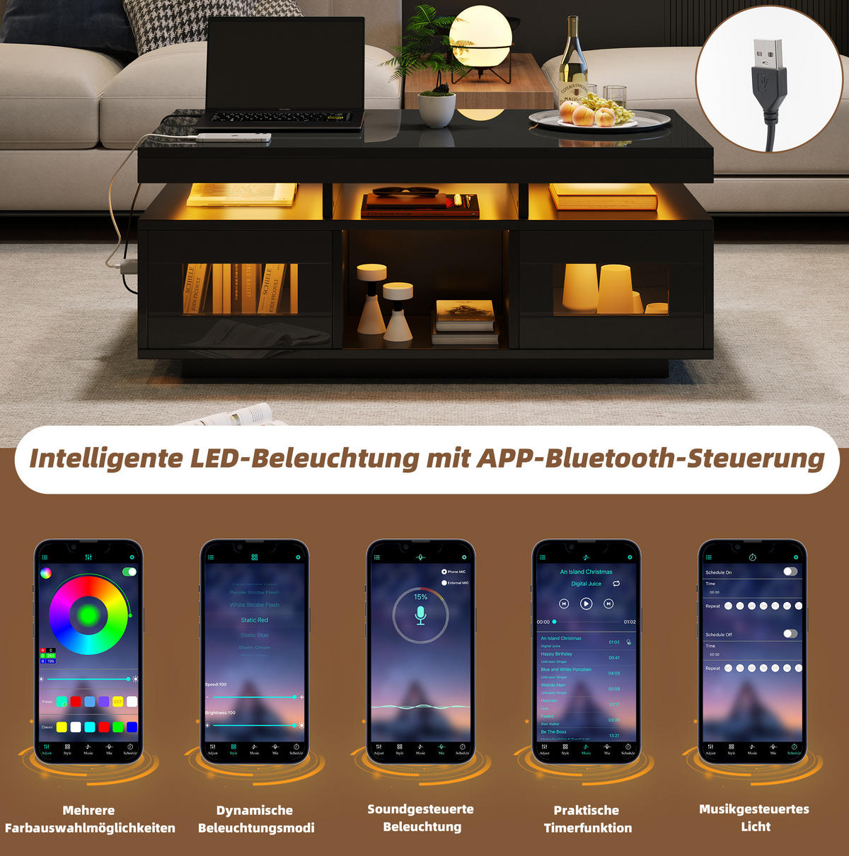 COUCHTISCH aus Spanplatte 100x50x43 cm in Schwarz mit LED & Steckdose - Schwarz, Holzwerkstoff (100/50/43cm) - Modfu