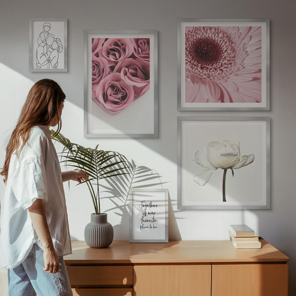 WANDBILDER 5er Set - 50x50 cm & 20x30 cm & 40x60 cm Silberner Rahmen - Rosensträuße als Familienzeichnung - Silberfarben, Kunststoff (40/60cm) - ArtPrintCave