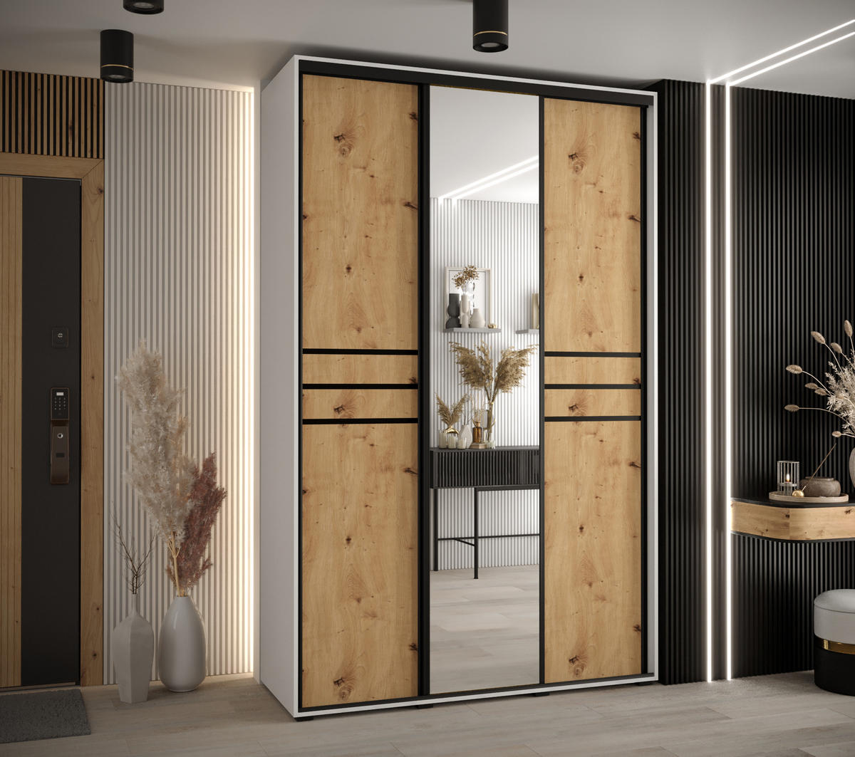 SCHWEBETÜRENSCHRANK 235,2/160/60 3-türig - Schwarz/Eiche Artisan, Holz/Metall (160/235/60cm) - Abiks Möbel