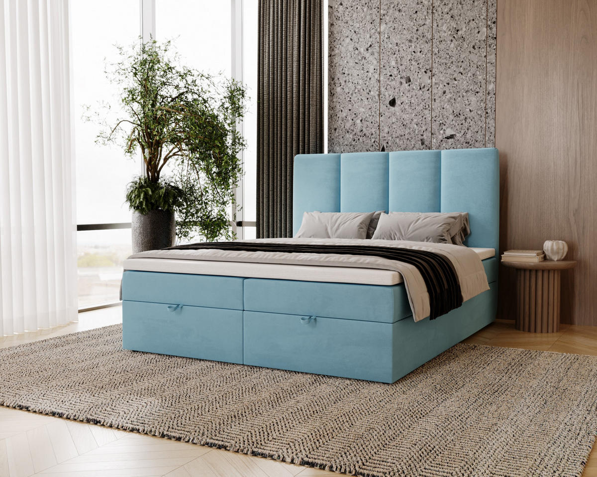 BOXBETT Malmo mit 2 Bettkästen, 120x200, Blau, Velourstoff, Doppelbett mit Bonell-Matratze - Blau, Holz/Kunststoff (120/200cm) - Marpur