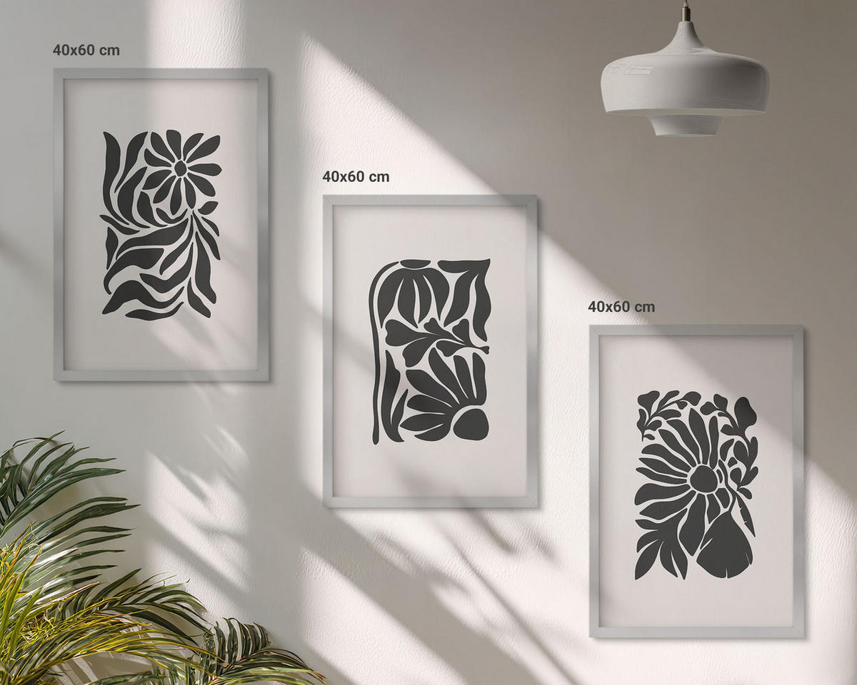 BILDER SET 3er Set - 40x60 cm Silberner Rahmen - Abstrakte Pflanzenmuster - Silberfarben, Kunststoff (40/60cm) - TULUP