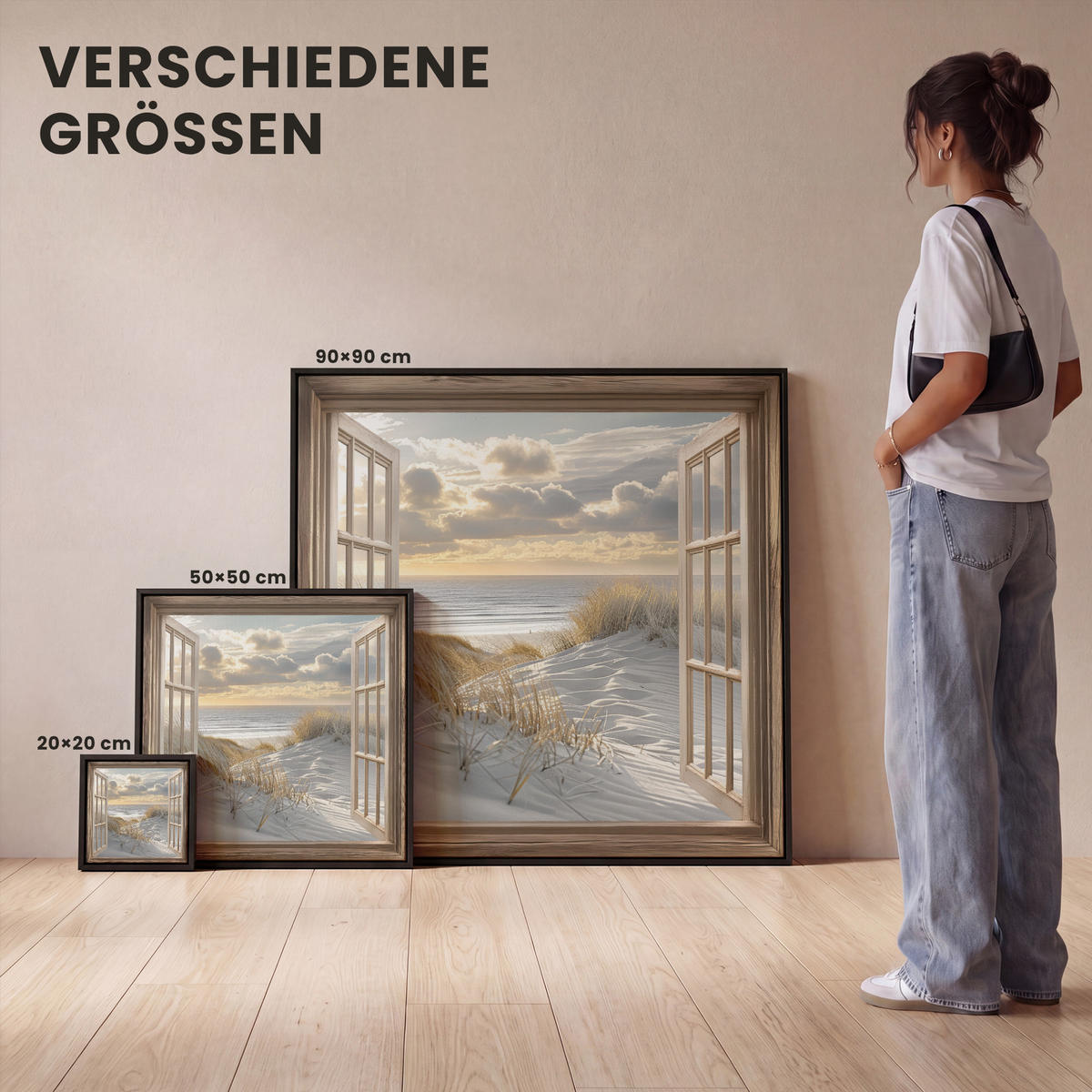 LEINWAND Bilder mit Rahmen - Ausblick - Strand - Dünen - Meer - Natur - 20x20 - Sandfarben, Textil (20/20cm) - MuchoWow