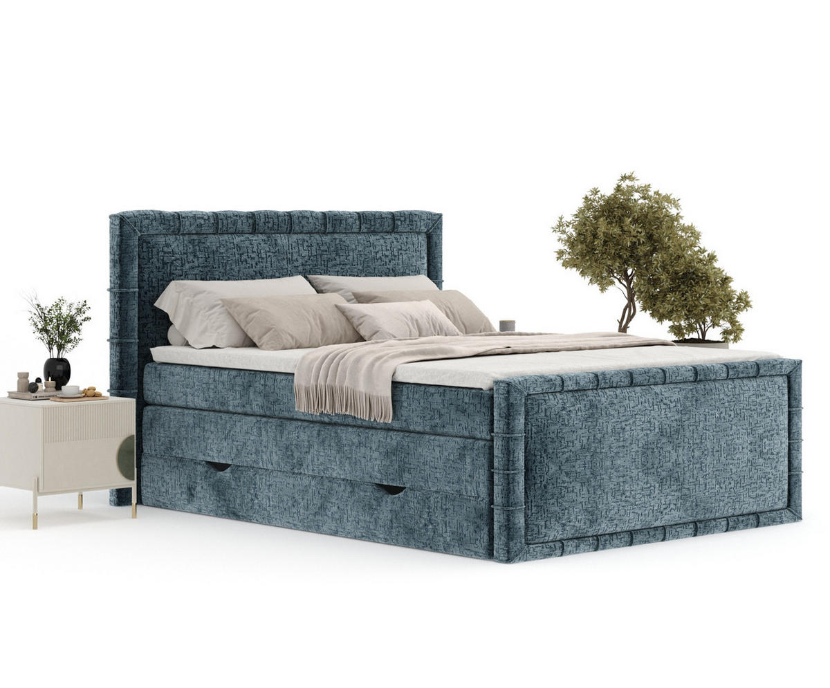 BOXBETT Estelle Blau 140/200 cm im Chenille-Stoff - Blau/Schwarz, Holz/Holzwerkstoff (140/200cm) - Maison de Reve