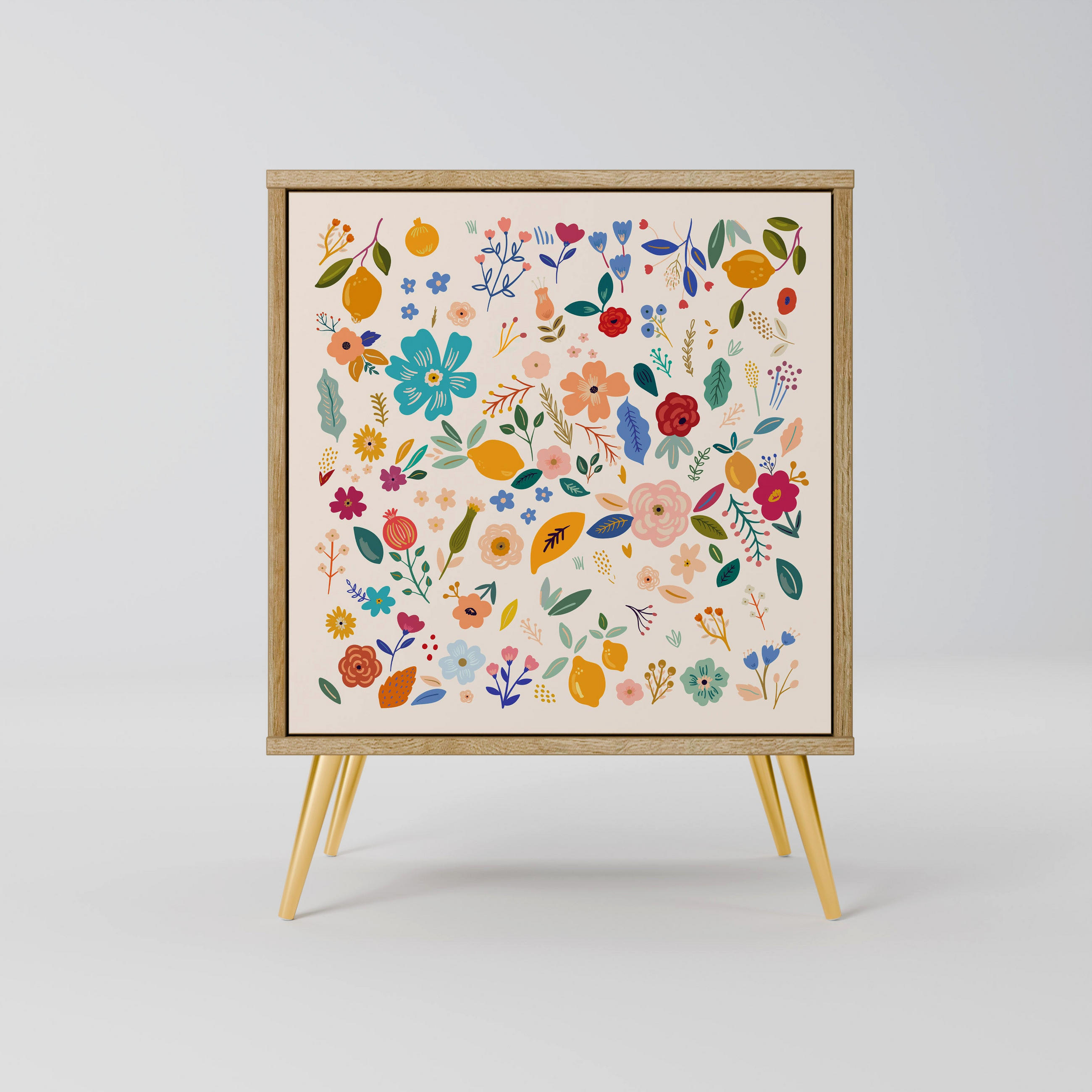 SIDEBOARD FLORAL COMBINATION, Eichefarben, 57,5x42x75,5 cm, Goldfarbene Metallfüße - Eichefarben/Goldfarben, Holzwerkstoff/Metall (57.5/75.5/42cm) - SpaceRebels