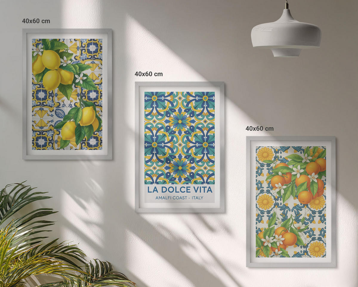 BILDER SET 3er Set - 40x60 cm Silberner Rahmen - Zitronen, Orangen, Blumen, Italien - Silberfarben, Kunststoff (40/60cm) - TULUP