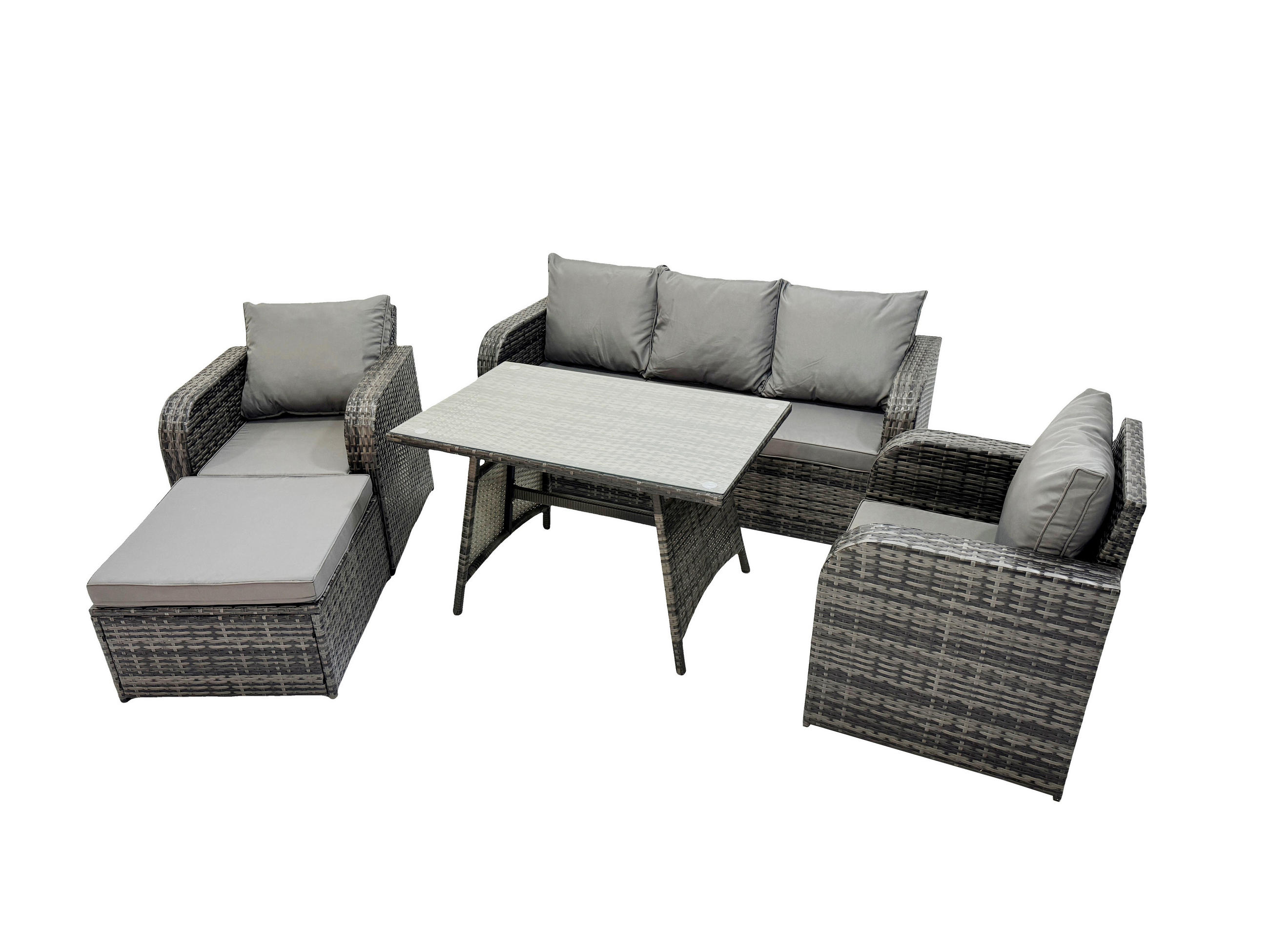 GARTENMÖBEL SET mit COUCHTISCH Polyrattan Dunkelgrau 6-Sitzer - Dunkelgrau/Grau, Glas/Kunststoff - Fimous