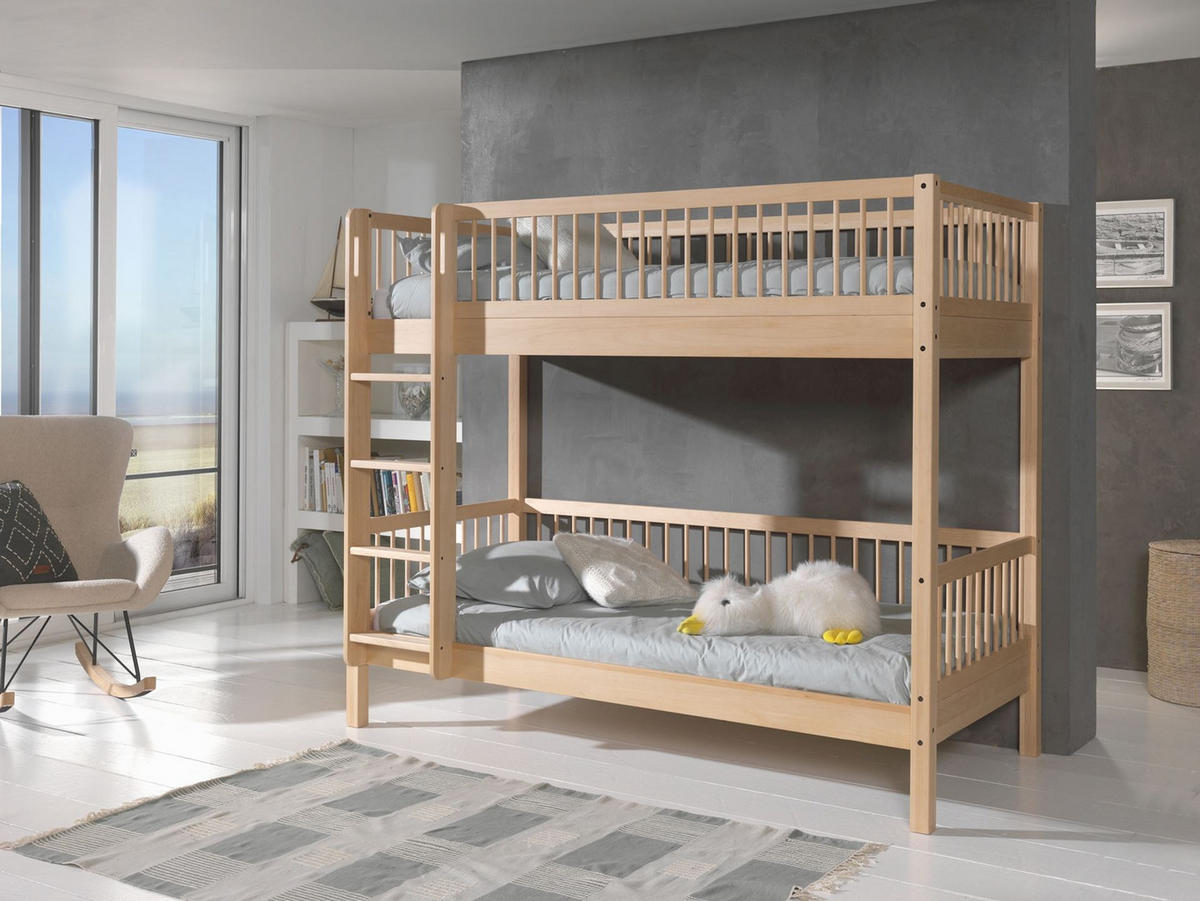 ETAGENBETT Kelci 2x90x200 umbaubar mit Leiter Buche Massivholz natur - Buchefarben, Holz (90/200cm) - 58aufmkessel