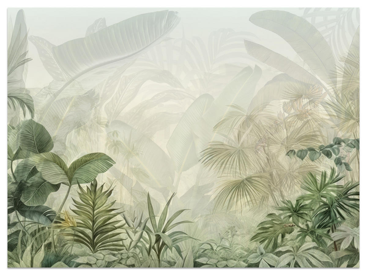 FOTOTAPETE für Schlafzimmer Tropenpflanzen Nebel Palmen Blätter 100x70 - Weiß/Grau, Papier (100/70cm) - Muralo