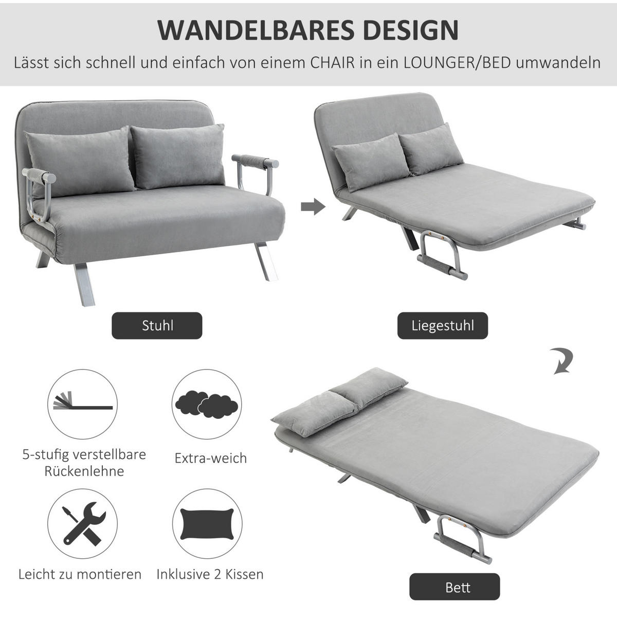 SCHLAFSOFA mit verstellbarer Rückenlehne 111 x 80 x 78 cm Hellgrau - Hellgrau, Holzwerkstoff (111/78/80cm) - Meubliv