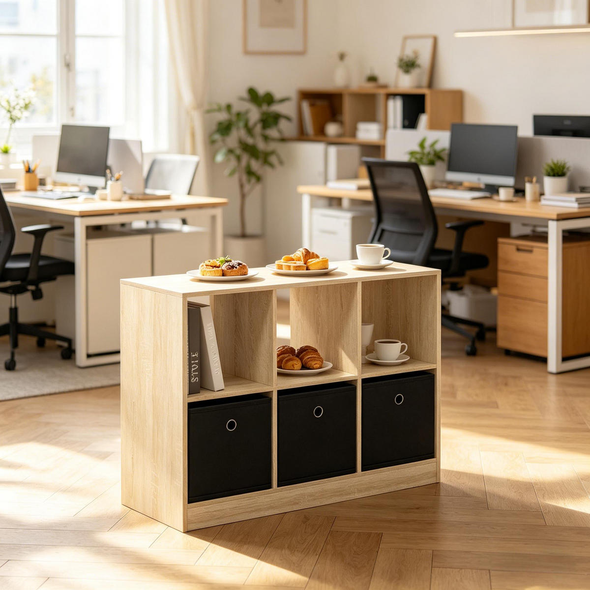 BÜCHERREGAL Schwarz/Eichefarben mit 3 Stoffschubladen 80/30/61 cm - Schwarz, Holzwerkstoff (80/61/30cm) - PANGIVO