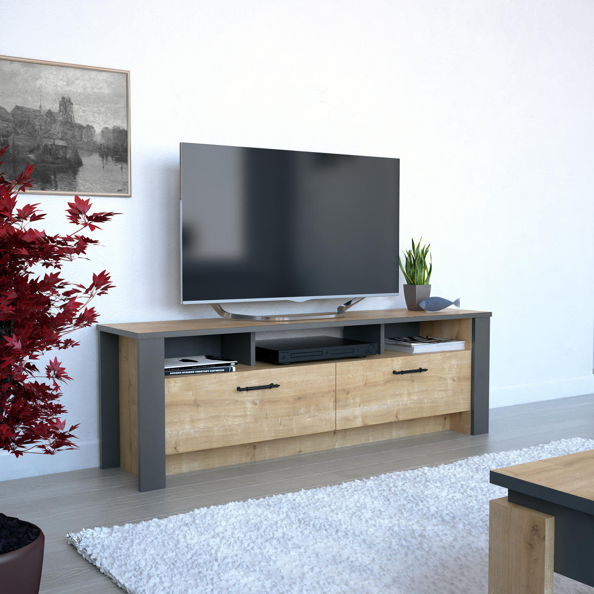 TV-ELEMENT Manhattan Eiche - Alteiche/Schwarz, Holzwerkstoff (150/48.7/35cm)