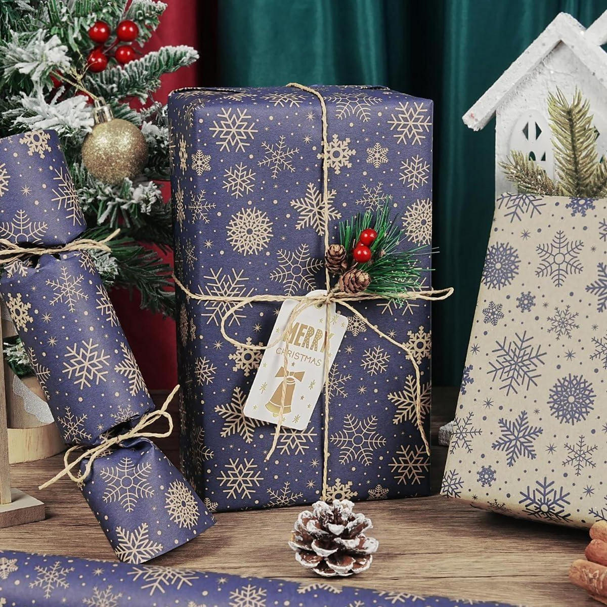 GESCHENKPAPIER Rolle Weihnachten 43 cm x 10 m Dunkelblau Braun - Multicolor, Papier (43/0.1/1000cm)