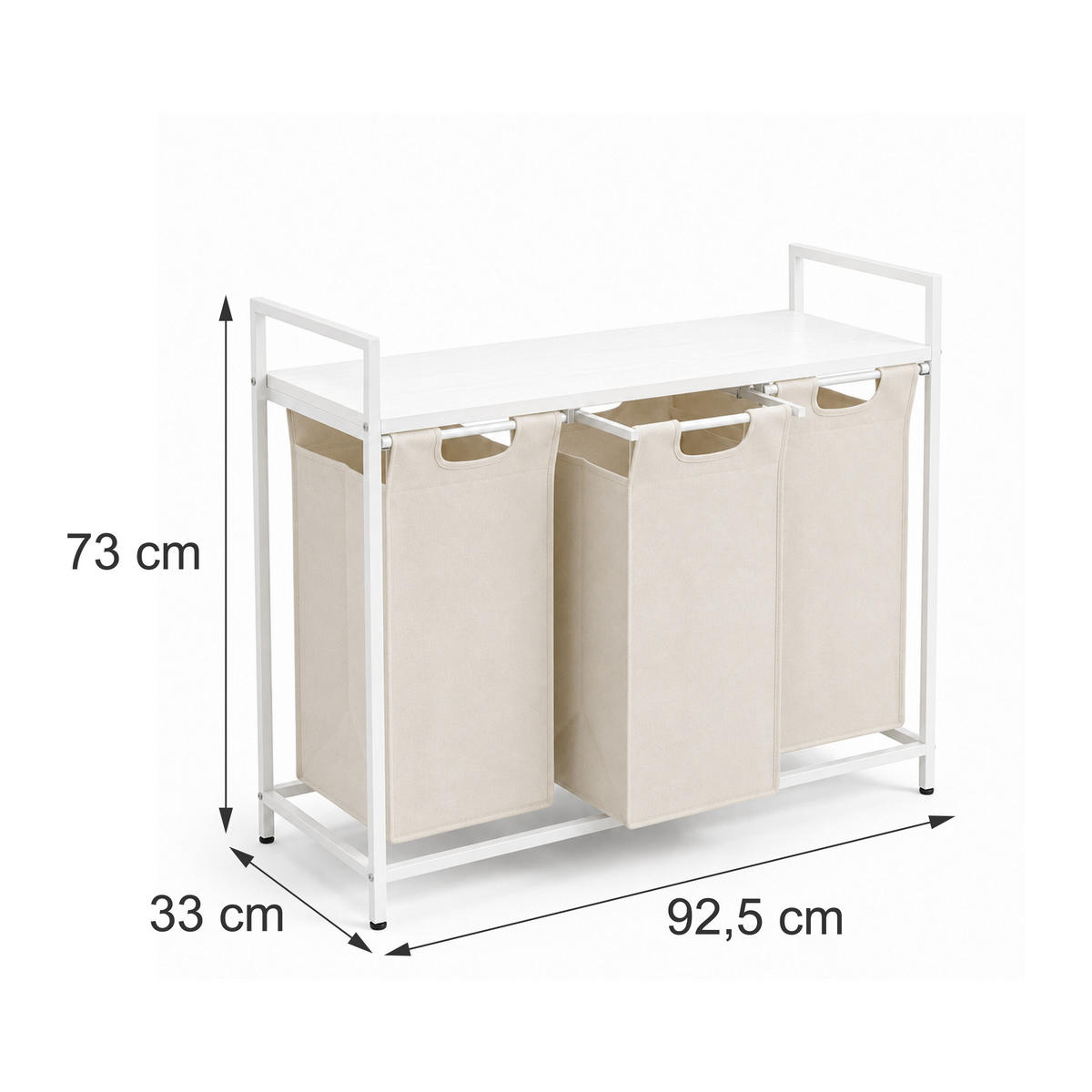 COȘ de rufe alb bej 3-compartimente cu poliță - bej, material textil/compozit lemnos (92.5/73/33cm) - Relaxdays