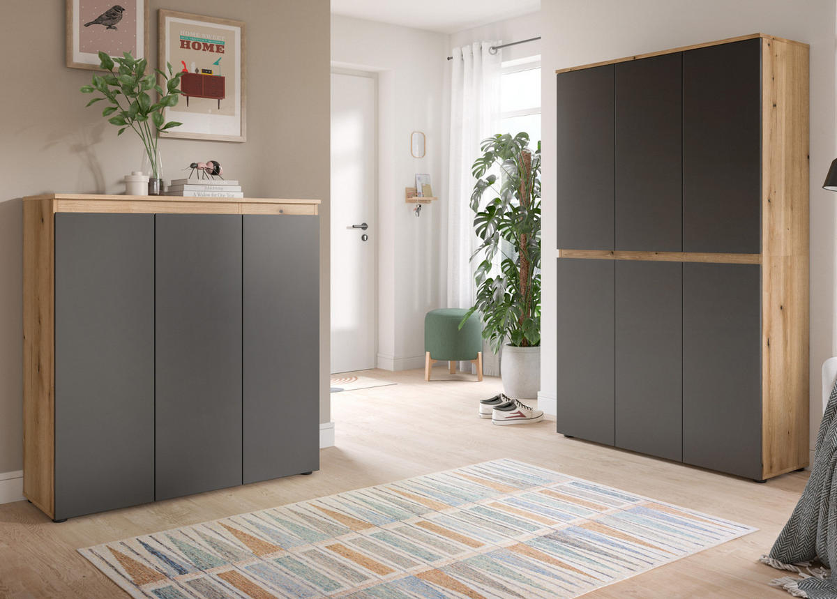 MEHRZWECKSCHRANK grau, Evoke Eiche 105 x 175 cm, Stauraumschrank 6-türig mit 18 Fächern - Eichefarben/Schwarz, Holzwerkstoff/Kunststoff (105/175/37cm) - Inn.Furn