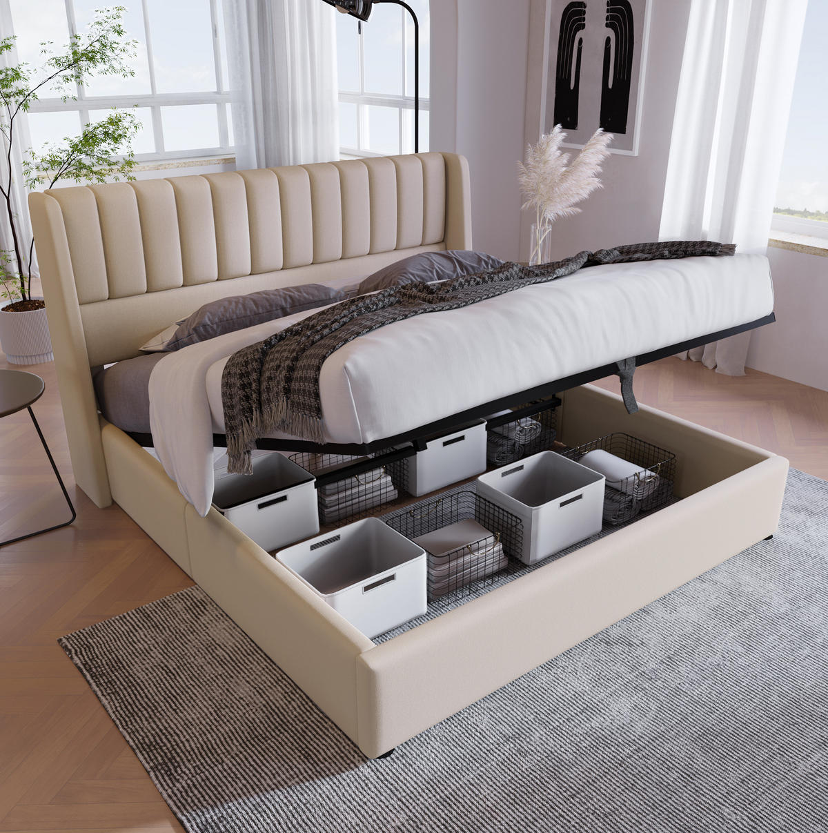 POLSTERBETT aus Massivholz, Leinen und Metall 140x200 cm Beige mit hydraulischem Bettkasten - Beige, Textil (140/200cm) - IVMEU