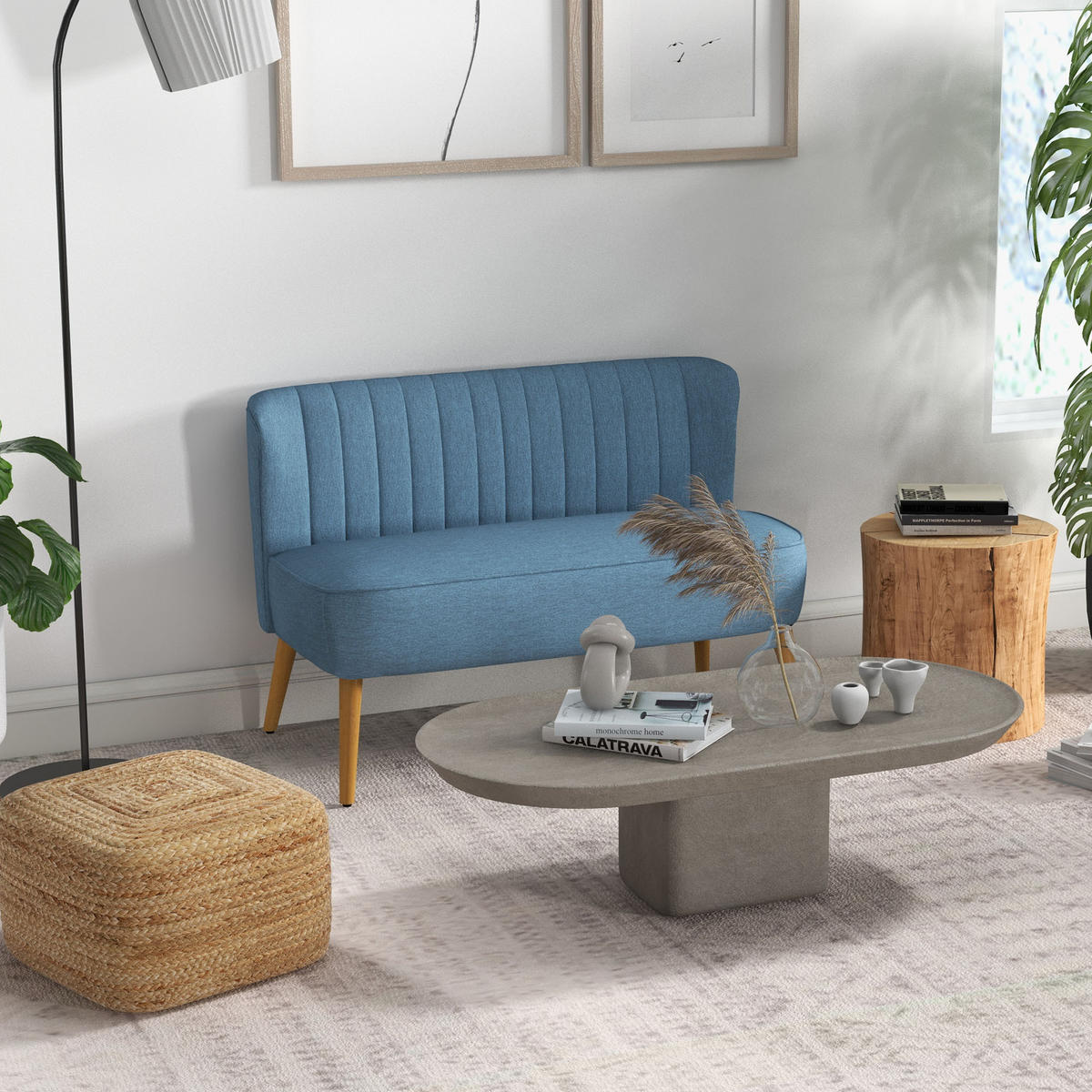 SOFA 2-Sitzer Couch Stoffsofa Sitzmöbel Polstersofa Loungesofa breit Blau - Blau/Naturfarben, Holz/Textil (56.5/77/117cm) - HOMCOM