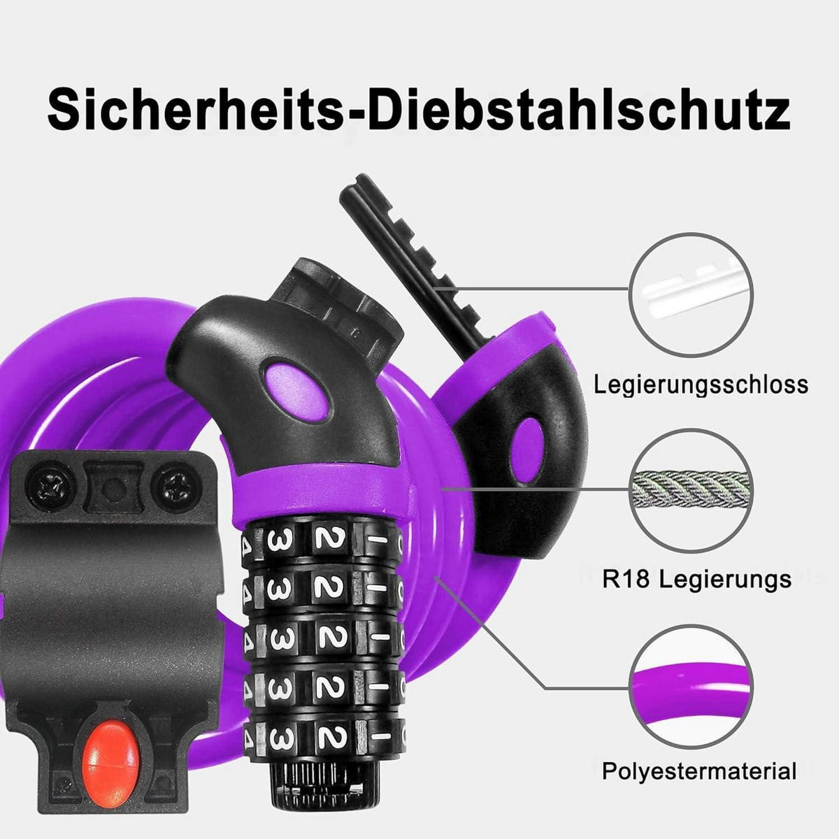 KABELSCHLOSS 120 cm Violett mit Zahlencode - Lila, Kunststoff (1.2/1.2/120cm)