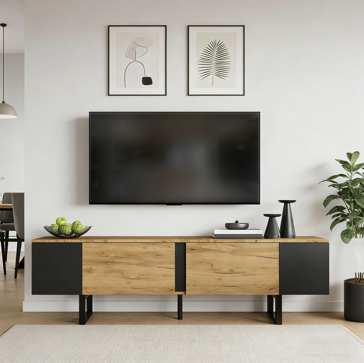 TV STOLEK přírodní barva se 2 skříňkami a otevřenými policemi, pro TV do 75", 180 × 40 × 55 cm - přírodní/černá, kov/kompozitní dřevo (180/55/40cm) - STILVORA
