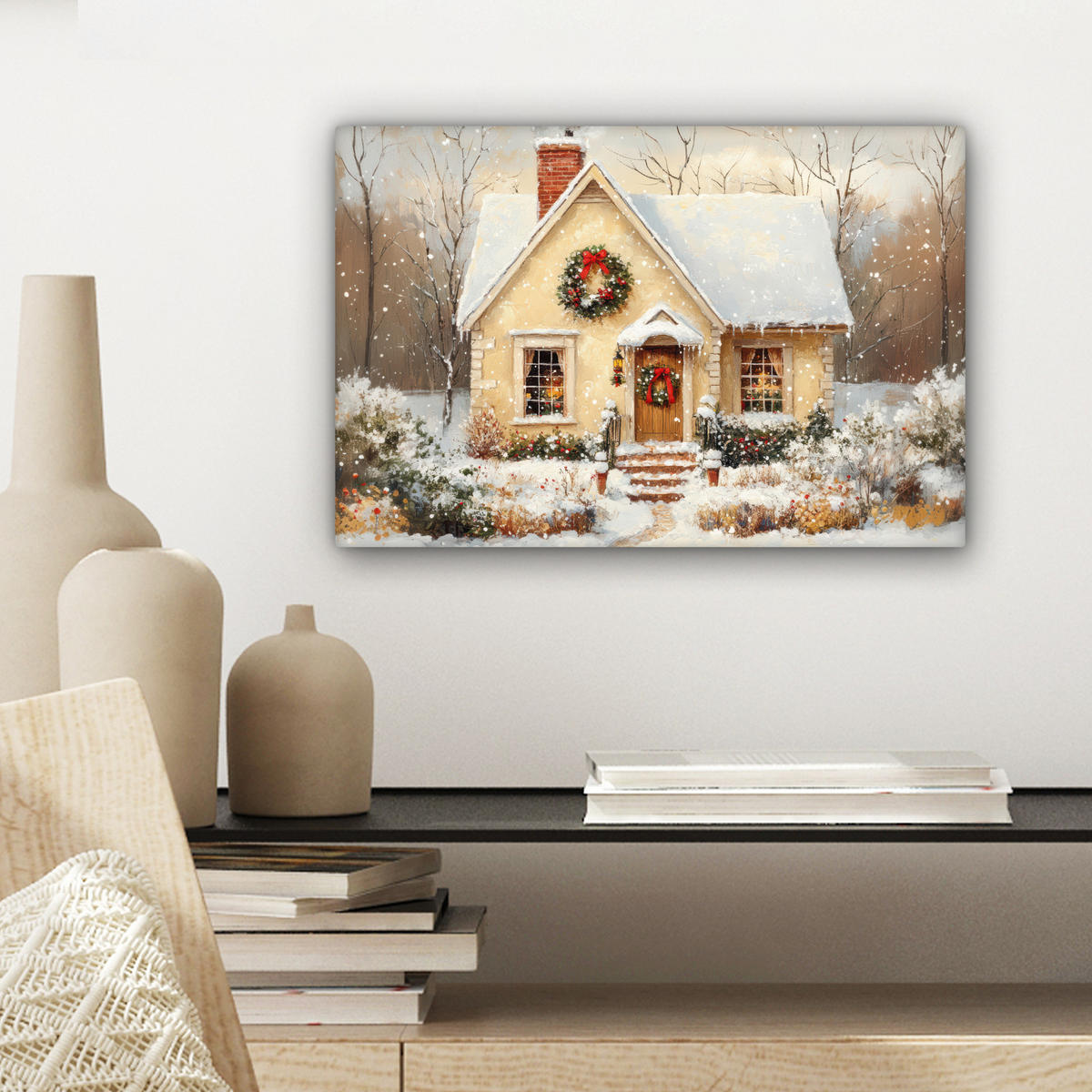 LEINWANDBILD Weihnachten - Zuhause - Winter - Schnee Deko Schlafzimmer 30x20 cm - Creme, Textil (30/20cm) - MuchoWow