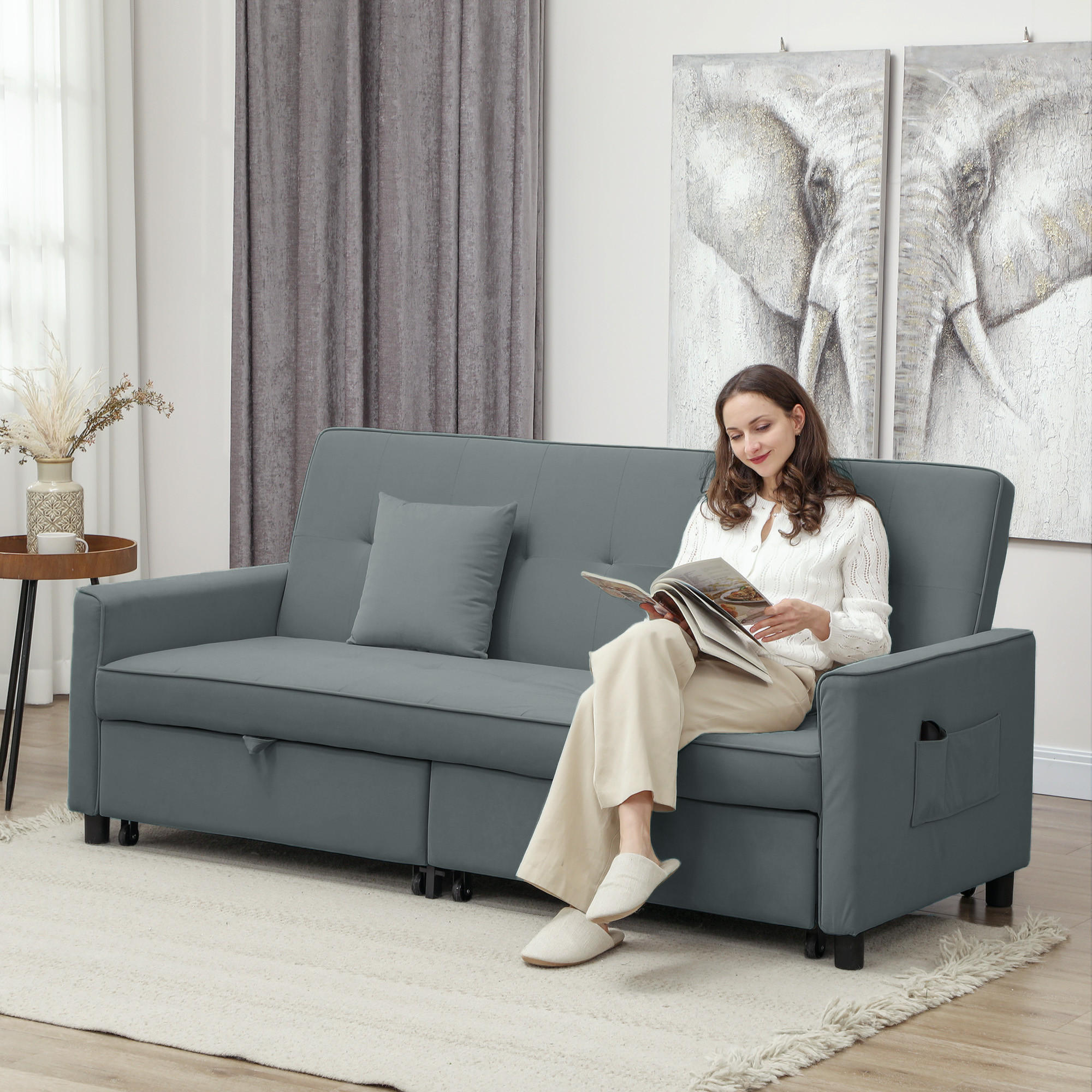 SOFABETT, 3-Sitzer-Couch, Schlafsofa mit ausziehbarem Bett, Grau - Grau, Textil (90/89/196cm) - HOMCOM