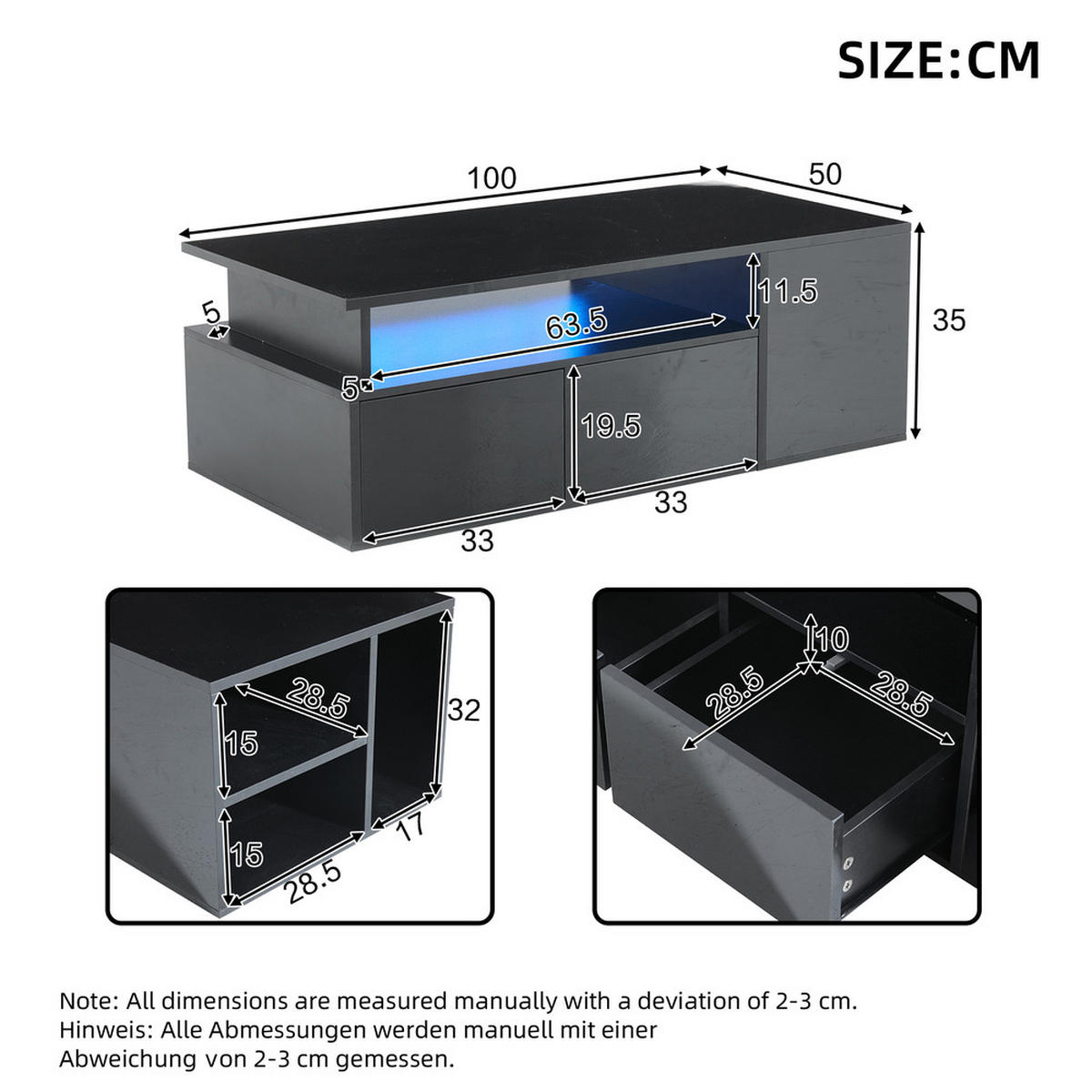 COUCHTISCH 100x50cm Schwarz LED 2 Schubladen 60kg Tragfähigkeit Stauraum - Schwarz, Holz (113.49/59.49/13cm) - FLIEKS