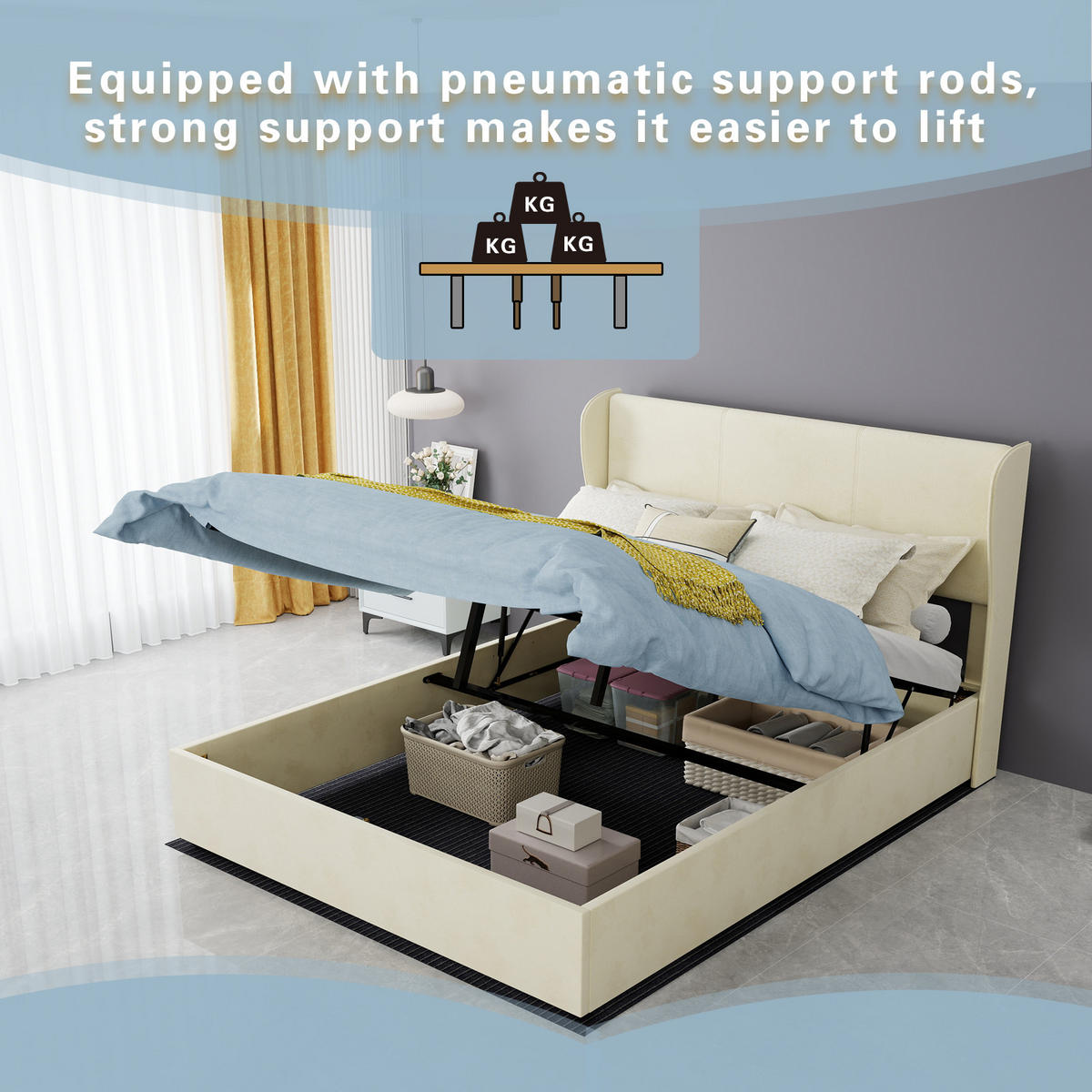 POLSTERBETT 140/200 mit hydraulischem Bettkasten, hohem Unterbau und gepolstertem Kopfteil in Beige - Beige, Holzwerkstoff/Textil (140/200cm) - EVRYAE