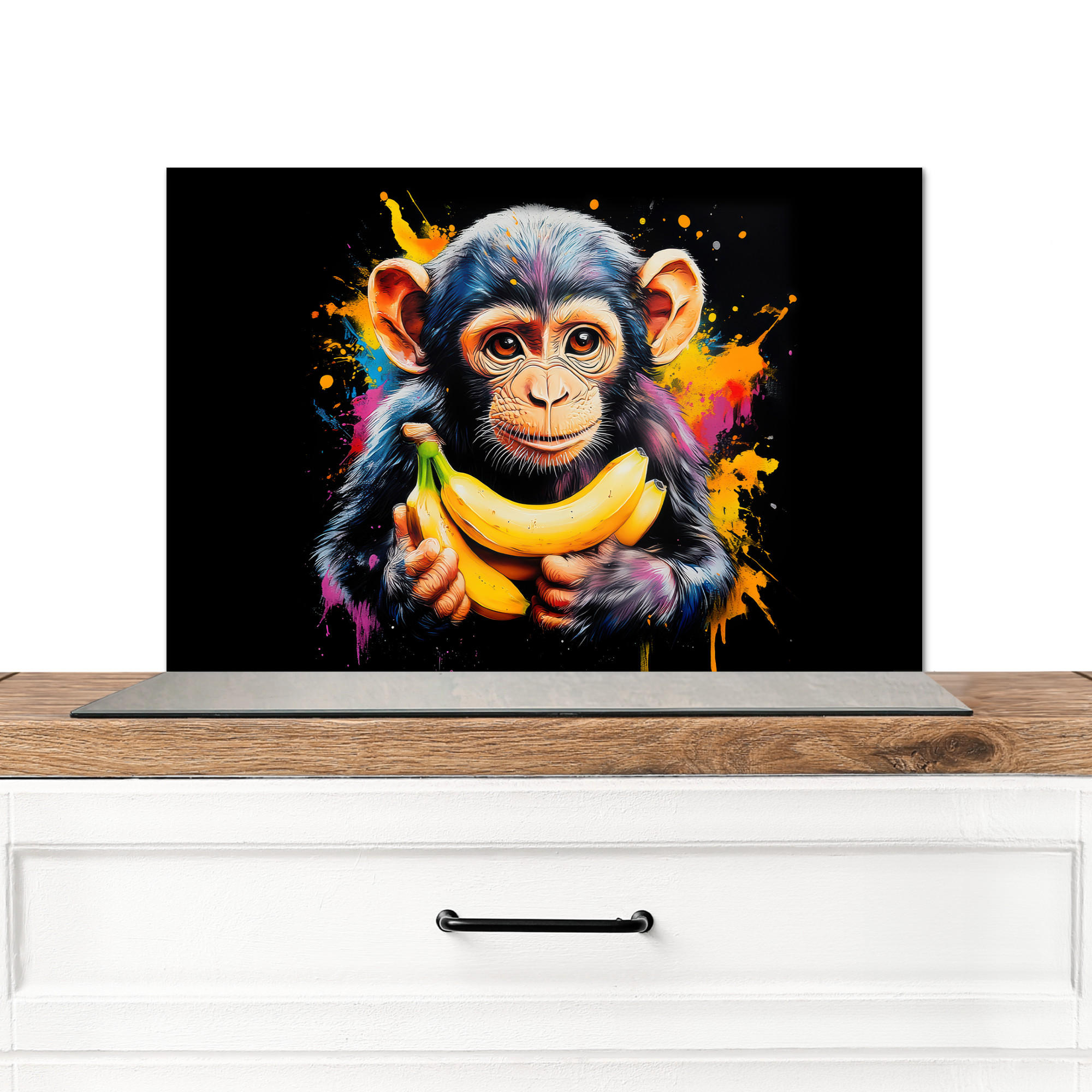 SPRITZSCHUTZ KÜCHE Affe - Graffiti - Farbenfroh - Bananen - Modern 60x40 cm - Gelb, Metall (60/0.3/40cm) - MuchoWow