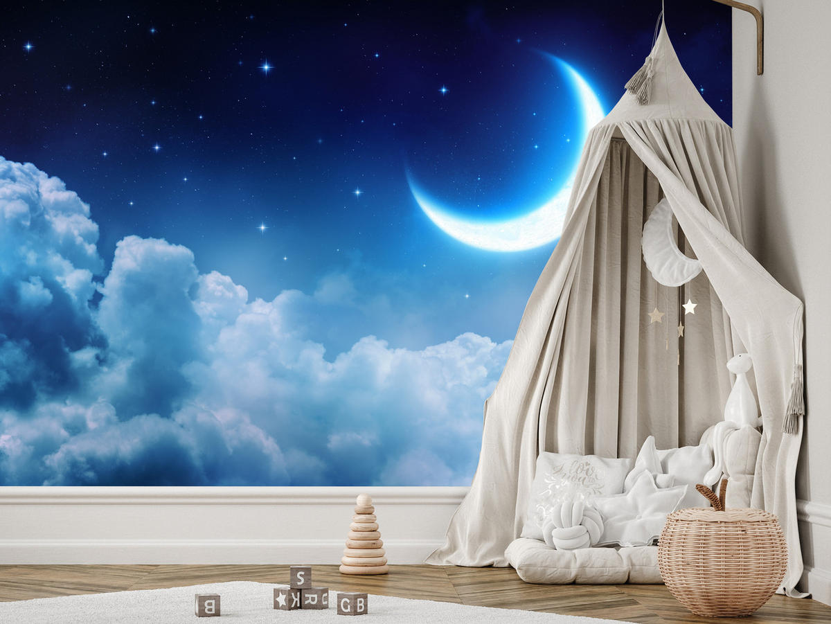 FOTOTAPETE für Schlafzimmer Himmel Wolken Mond Sterne 300x210 - Blau/Dunkelblau, Papier (300/210cm) - Muralo