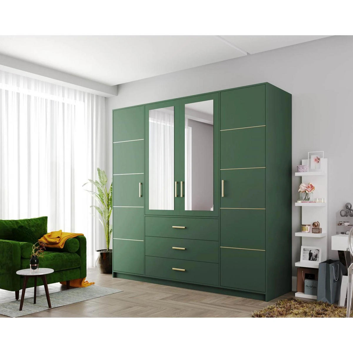 DREHTÜRENSCHRANK Balid 4-Türen, mit 3 Schubladen und Spiegel, Grün - Grün, Holzwerkstoff (196/200/58cm) - Beautysofa