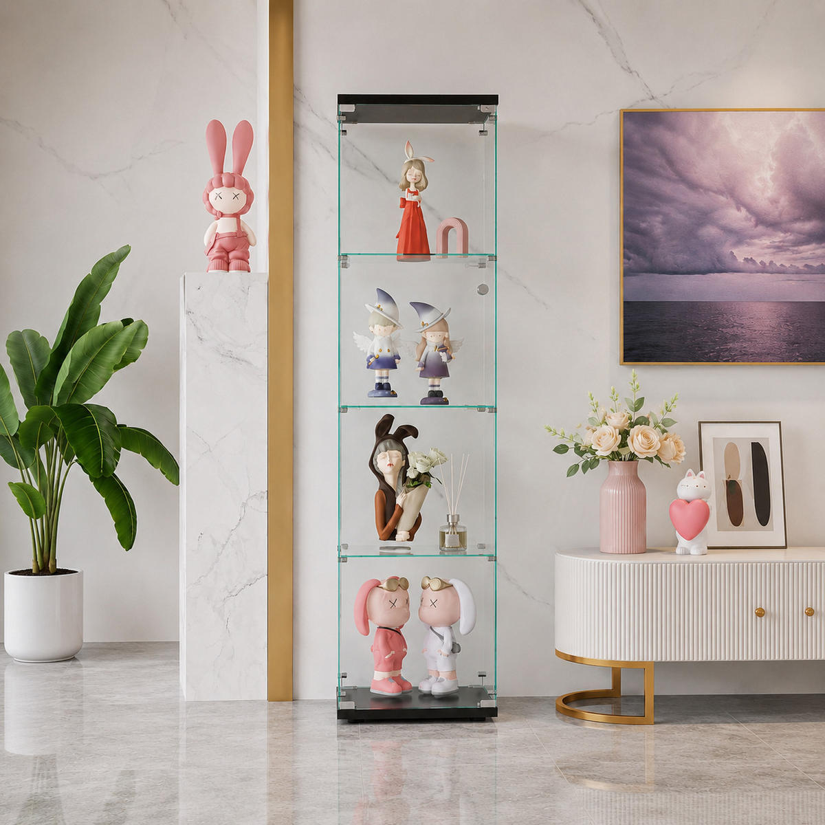 VITRINE,TRANSPARENT, 4-stufig, schwarzer Rahmen, staubdichte Glaswände ohne LED - Schwarz, Glas (42.5/164/36.5cm) - Joyfair