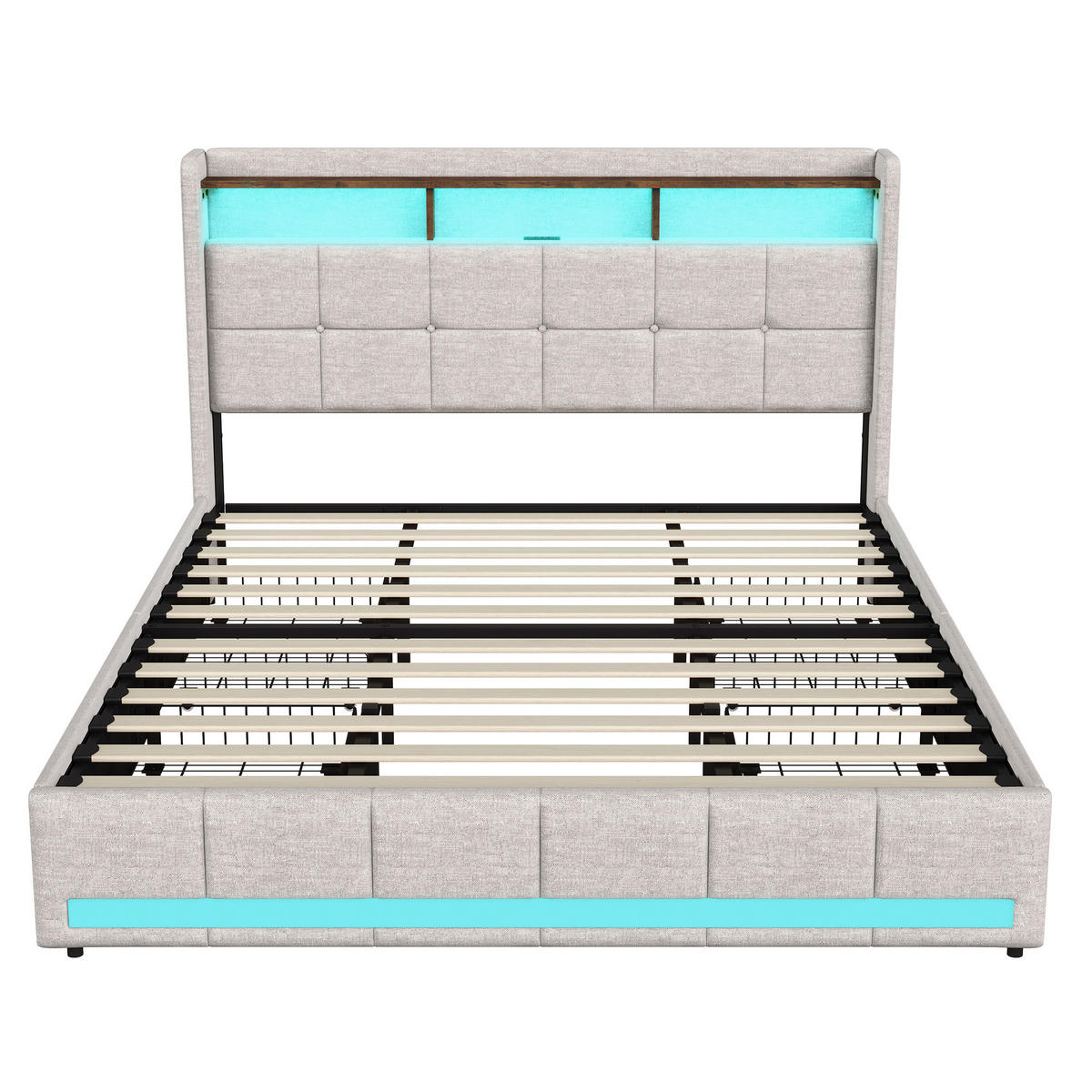 POLSTERBETT 180x200 cm mit LED, USB & USB-C, 4 Schubladen und Stauraum-Kopfteil, Beige - Beige, Holz (180/200cm)