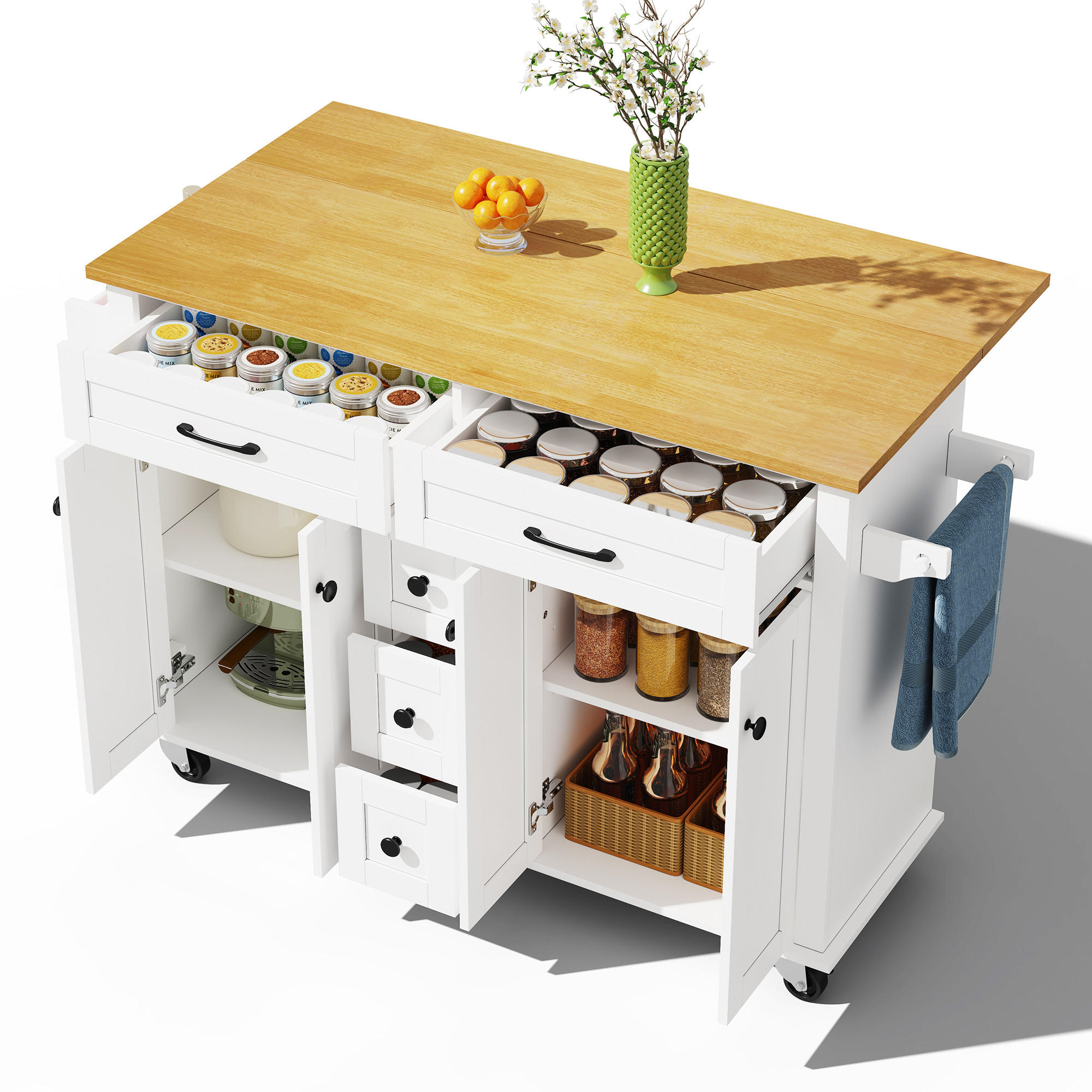 KÜCHENINSEL 140/40(65)/89 cm Weiß mit 5 Schubladen, Klappplatte, Schränken und Gewürzregal - Weiß, Holz/Holzwerkstoff (140/89/65cm) - Oxeza