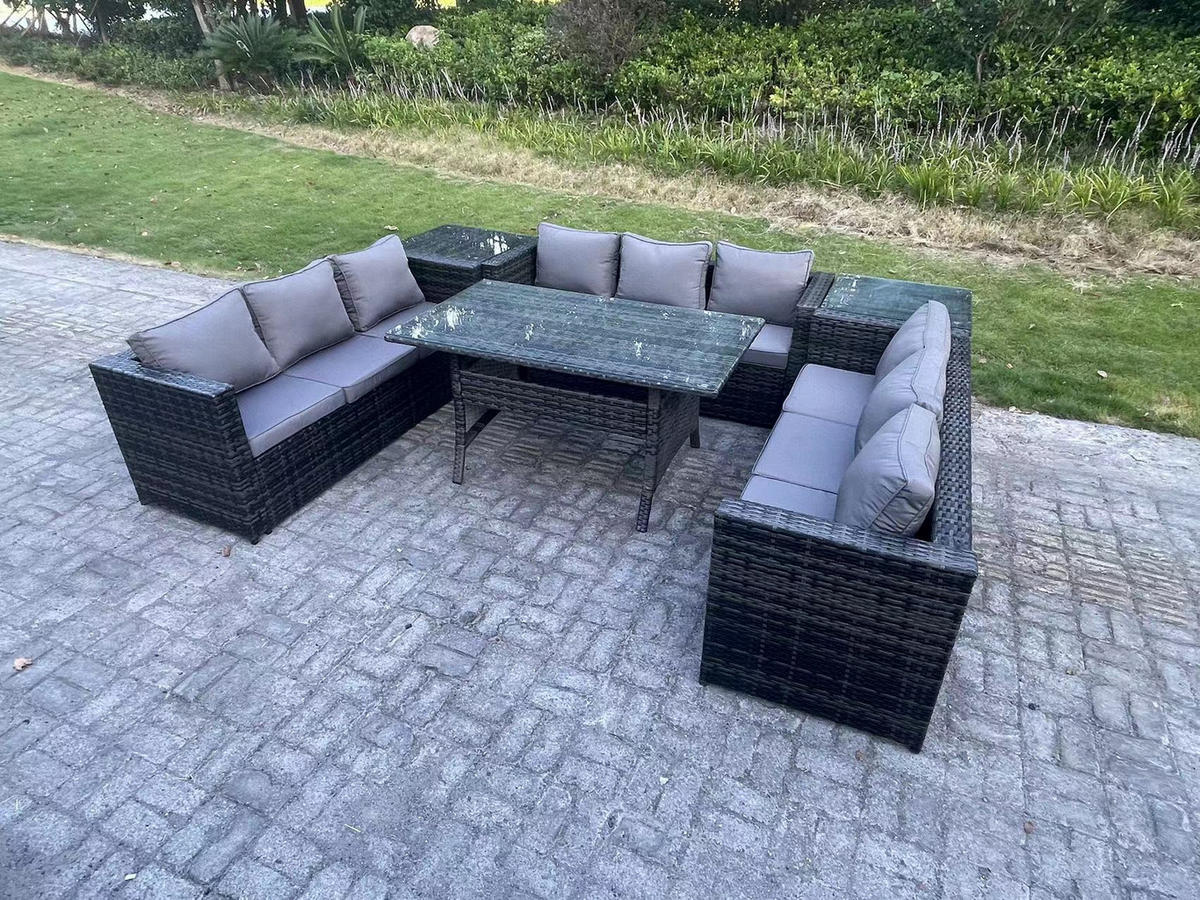 GARTENMÖBEL SET mit Beistelltischen,Esstisch Polyrattan 9-Sitzer - Dunkelgrau/Grau, Glas/Kunststoff - Fimous
