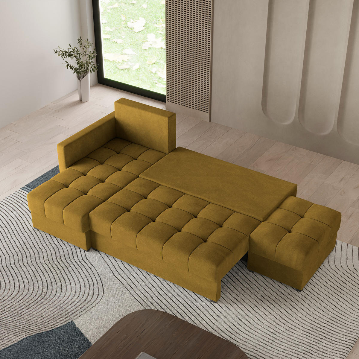 ECKSOFA LUMARI L-S Gelb Plüsch-Stoff mit Schlaffunktion - Gelb, Holz (262/143cm) - MASSENO