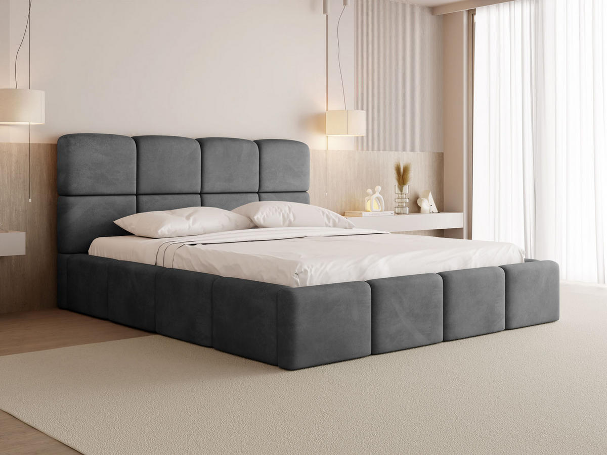 POLSTERBETT Tivio mit Bettkasten, Grau Samt 140x200 cm - Birkefarben/Schwarz, Holz/Holzwerkstoff (140/200cm) - WFL GROUP