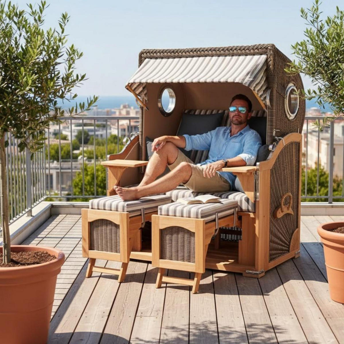 STRANDKORB Düne 2 Sitzer Teak PE Grey - Braun/Grau, Holz/Metall (125/170/80cm) - Mr. Deko