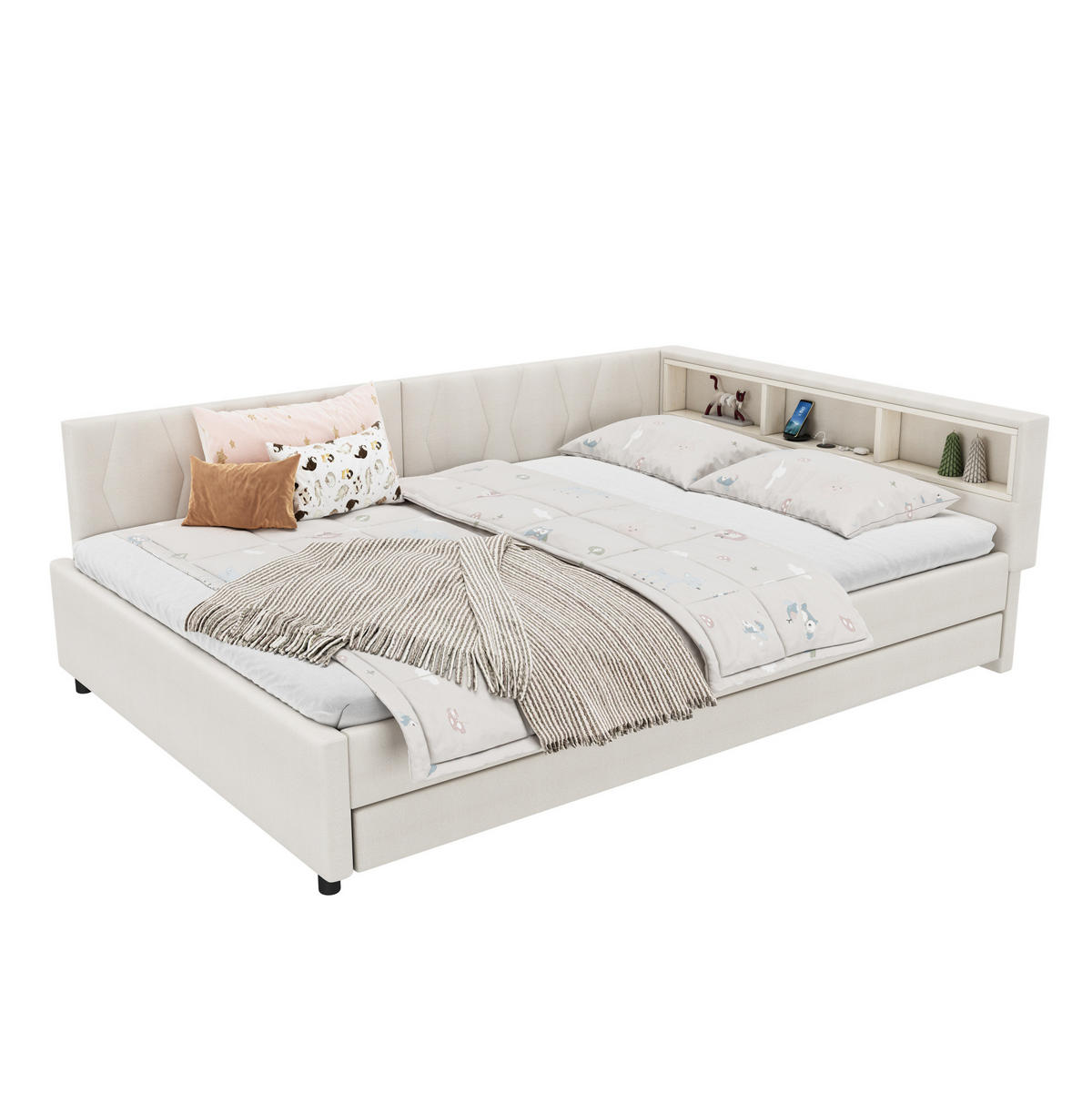 DENNÍ postel 140/200 cm béžová z lnu a MDF s USB-C nabíjením, LED světlem a úložným čelem - béžová, textil (140/200cm) - OKWISH