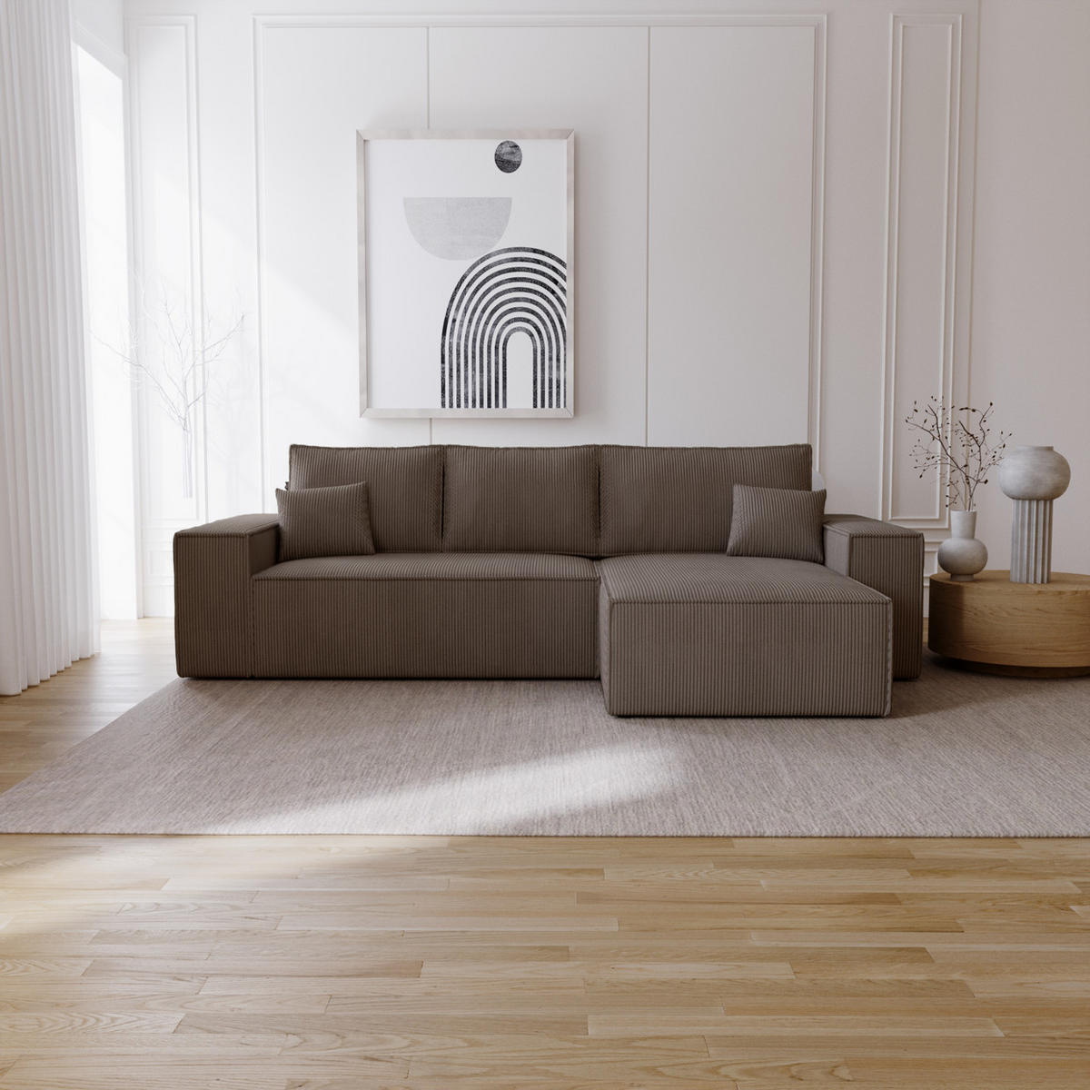ECKSOFA Bergamo L mit Cordstoff, 280 cm, Schlaffunktion, Rechts - Braun - Braun, Holz (189/277cm) - Emporius