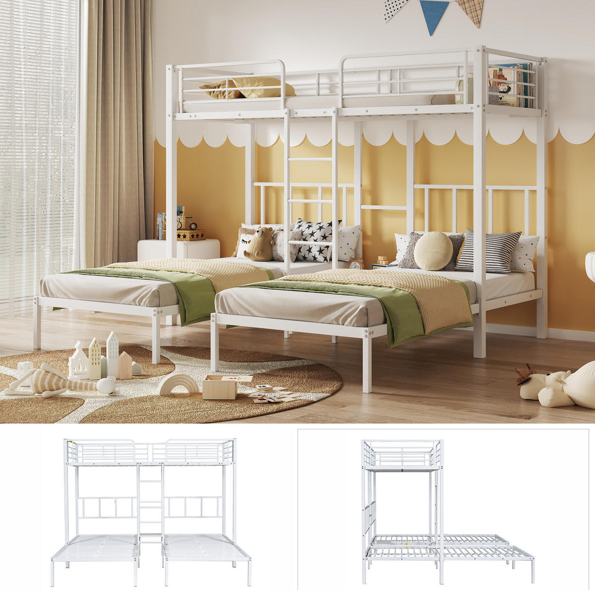ETAGENBETT 90/200 cm in Weiß aus Metall mit Leiter und Tisch für 3 Personen - Weiß, Metall (90/200cm) - BEAOK