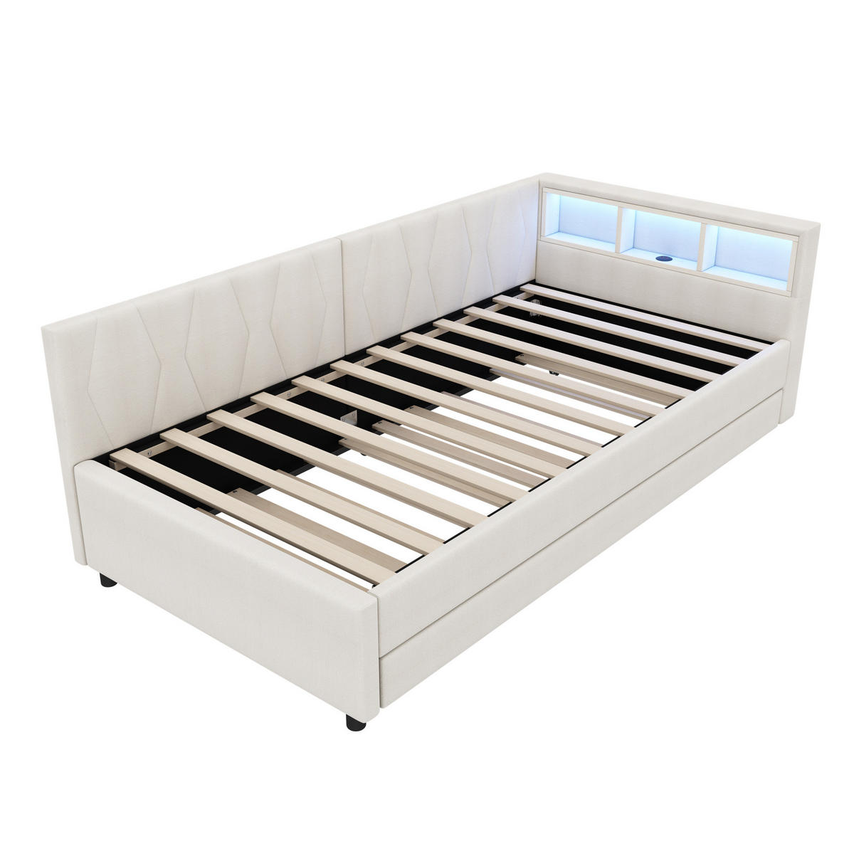 POLSTERBETT 90/200 cm Beige mit LED-Beleuchtung und USB- und Type-C-Anschlüssen - Beige, Textil (90/200cm) - Flora Grace