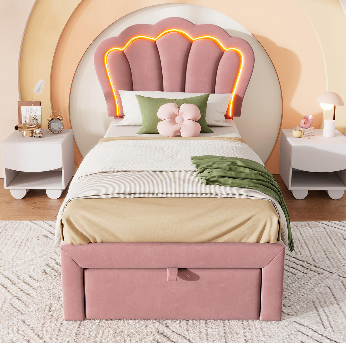 POLSTERBETT 90/200 cm mit RGB-LED, Schublade und verstellbarem Kopfteil aus Samt, Rosa - Rosa, Textil (90/200cm) - Redom