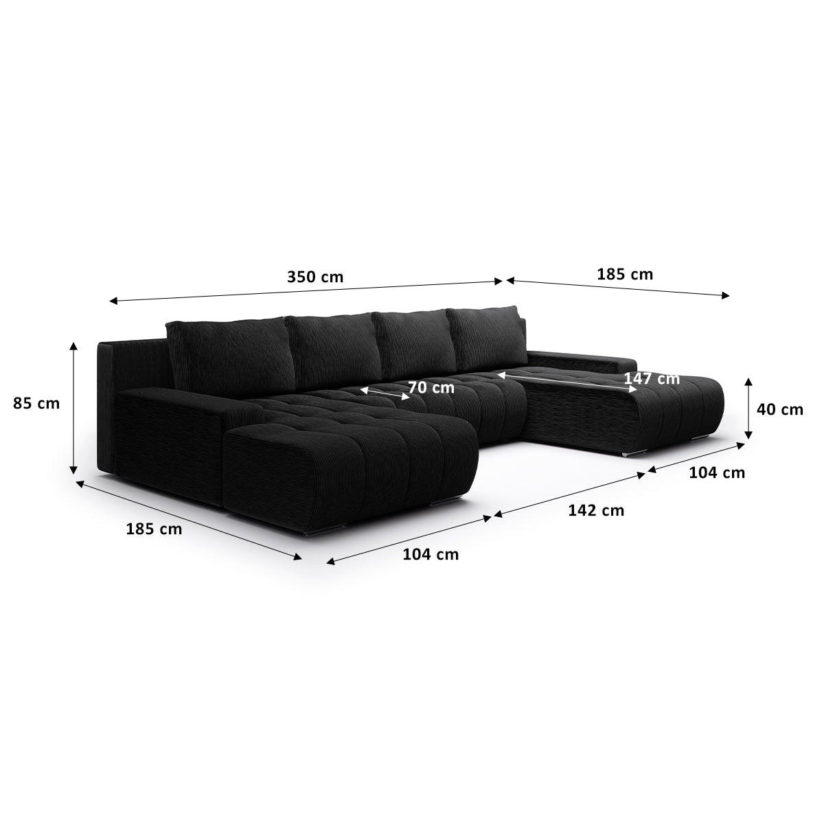 PANORAMASOFA Jonas 5 Sitzplätze Schwarz - Schwarz, Holz (350/85/185cm) - Petits-meubles