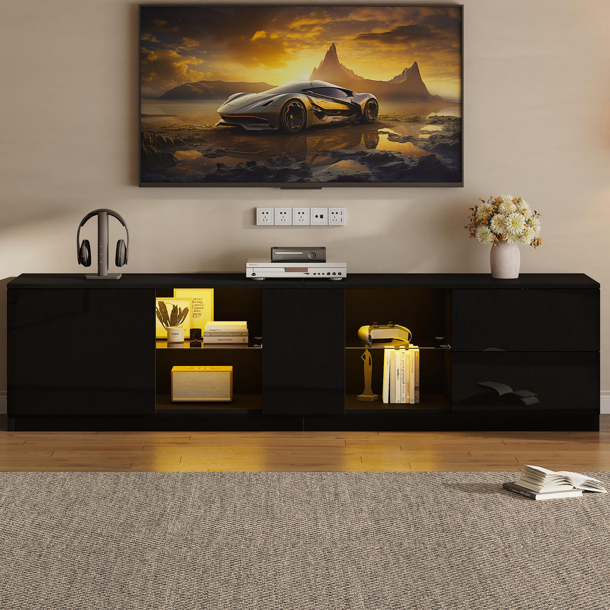 TV-LOWBOARD aus MDF 160x40x52 cm Schwarz mit LED-Beleuchtung, Hochglanzfront und Stauraum - Schwarz, Holzwerkstoff (160/52/40cm) - Modfu