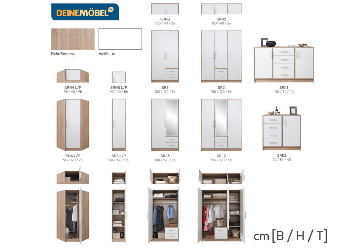 KLEIDERSCHRANK SAM SR3 2-türig 100 / 190 / 56 cm Weiß | Sonoma Eiche - Weiß/Sonoma Eiche, Holzwerkstoff (100/190/56cm) - Deine Möbel 24